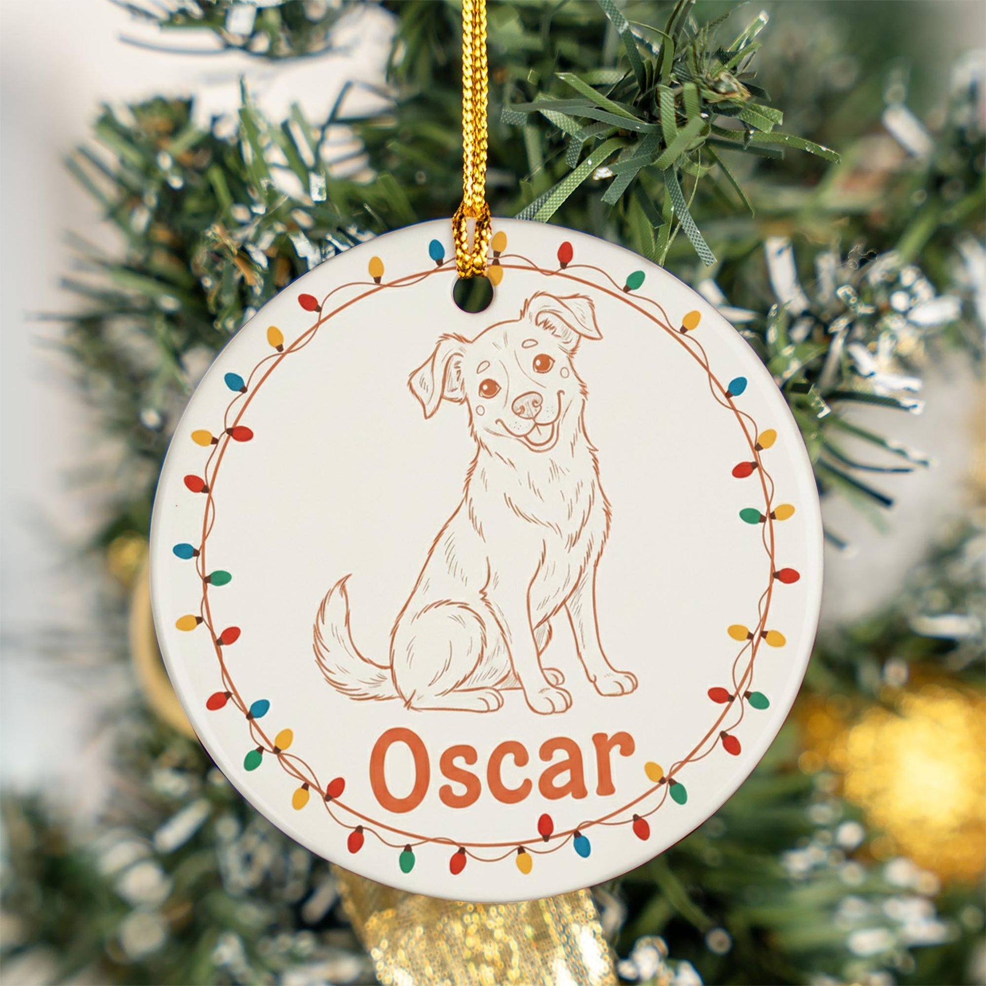Personalized Dog Portrait Line Art Ceramic Ornament; Custom Name Pet Keepsake