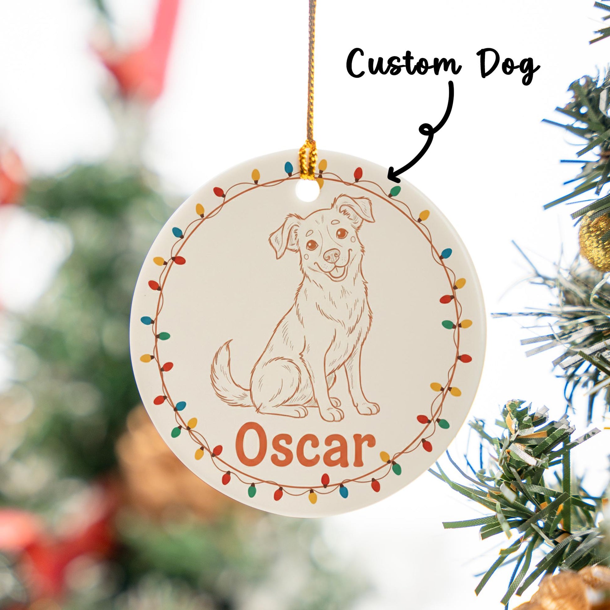 Personalized Dog Portrait Line Art Ceramic Ornament; Custom Name Pet Keepsake