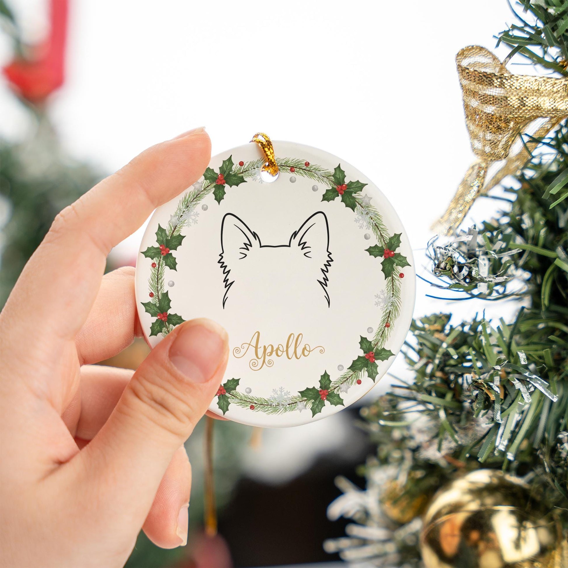 Personalized Dog Ear Outline Ceramic Ornament; Custom Name Pet Silhouette Keepsake