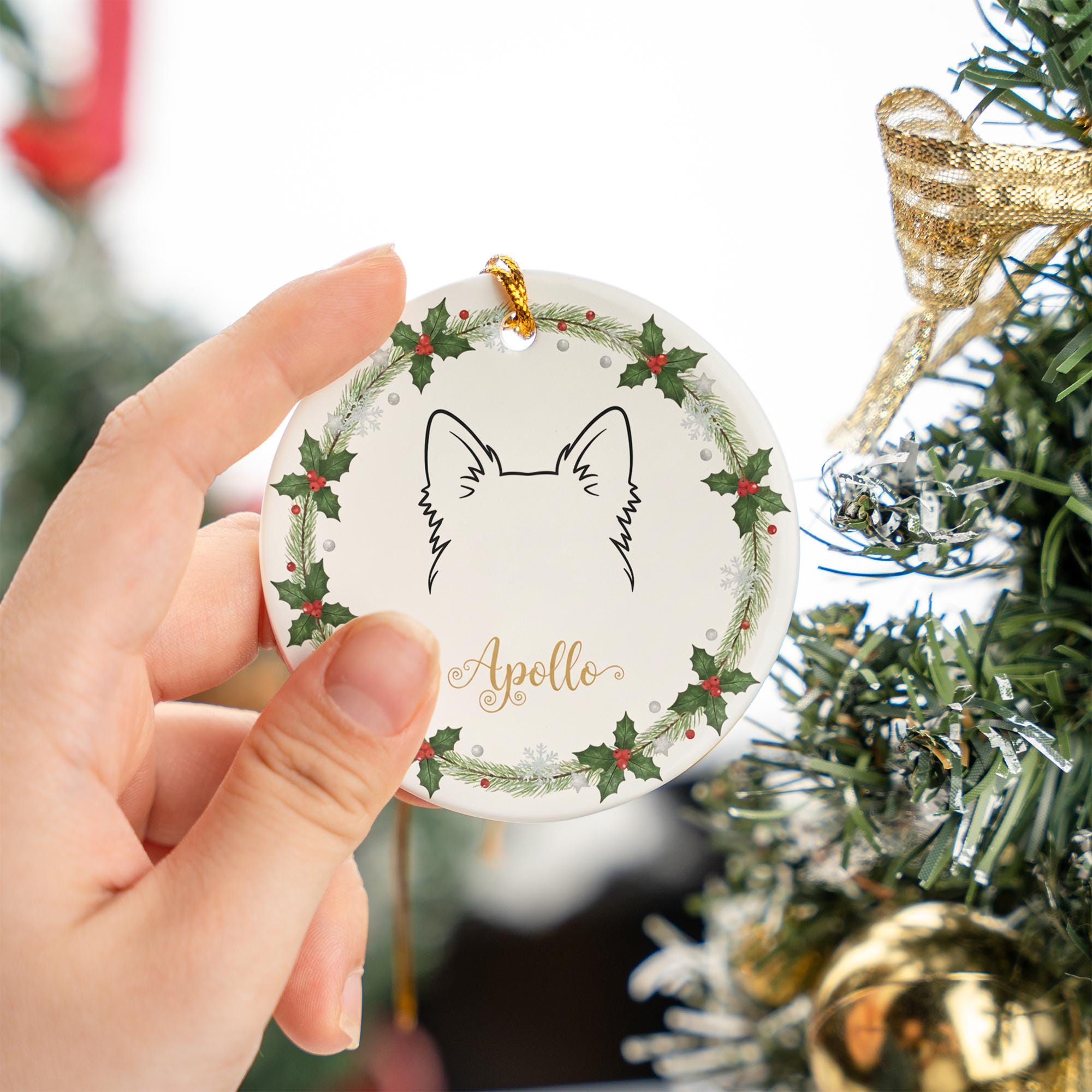 Personalized Dog Ear Outline Ceramic Ornament; Custom Name Pet Silhouette Keepsake