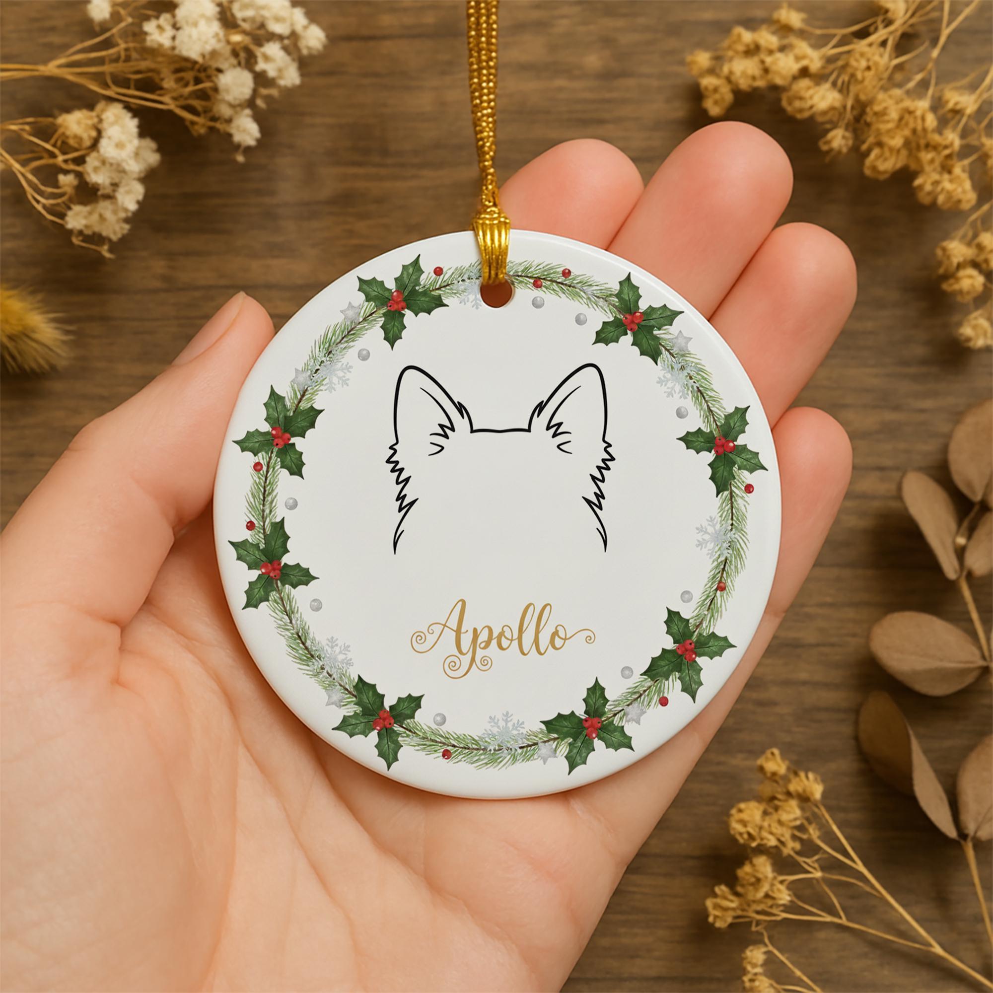 Personalized Dog Ear Outline Ceramic Ornament; Custom Name Pet Silhouette Keepsake