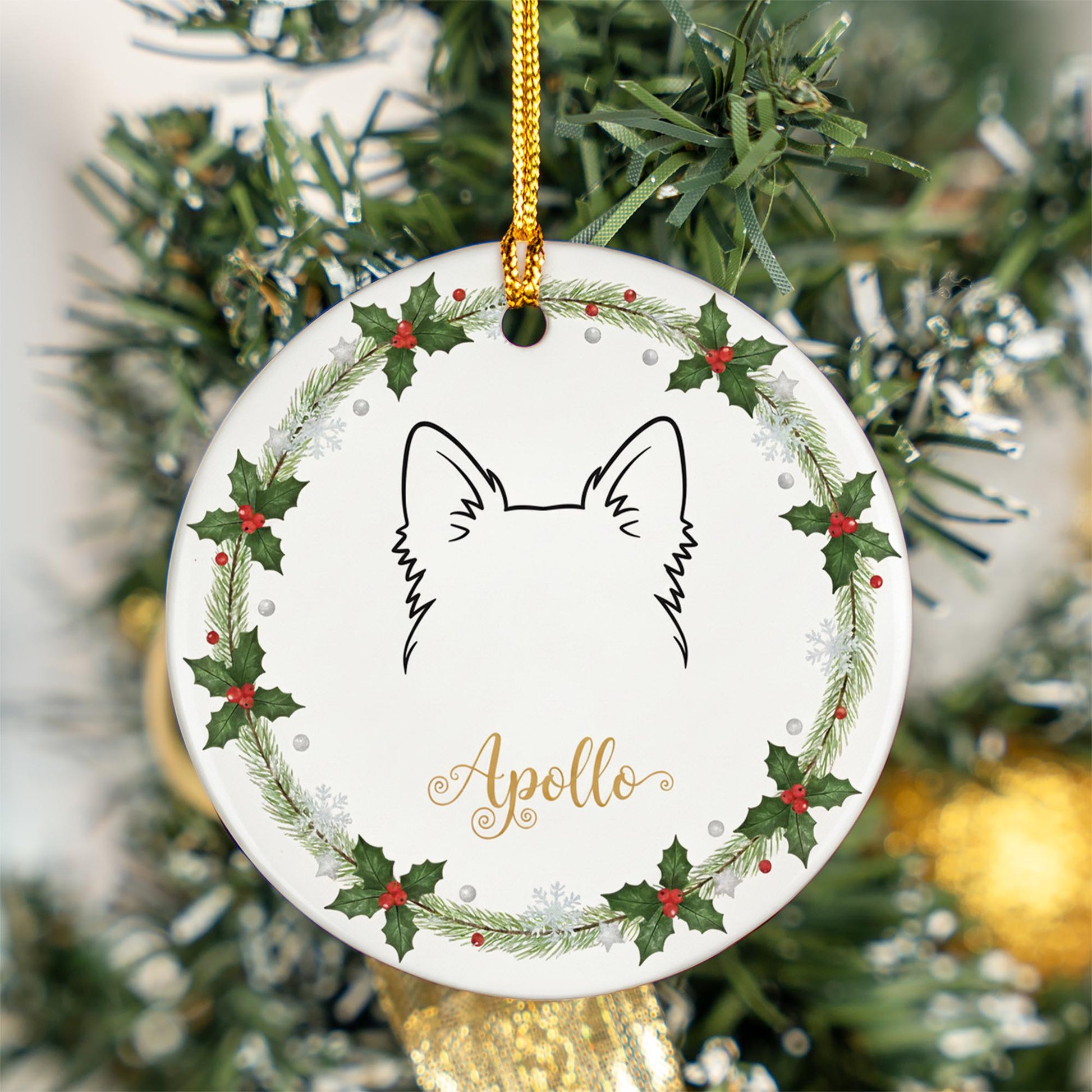 Personalized Dog Ear Outline Ceramic Ornament; Custom Name Pet Silhouette Keepsake