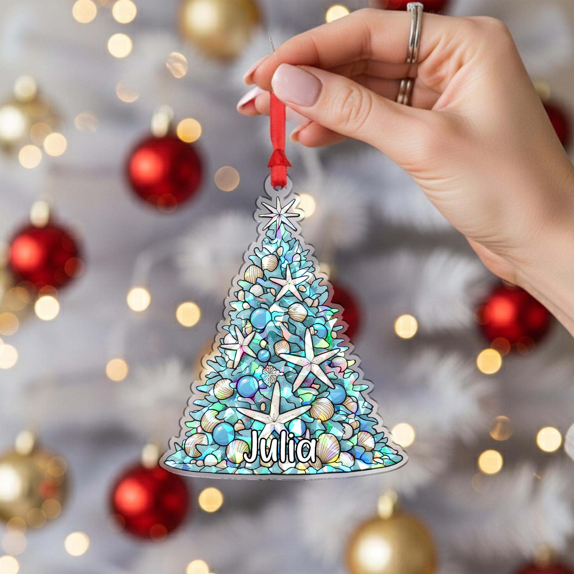 Custom Name Seashell Tree Ornament – Holographic Coastal Christmas Decor
