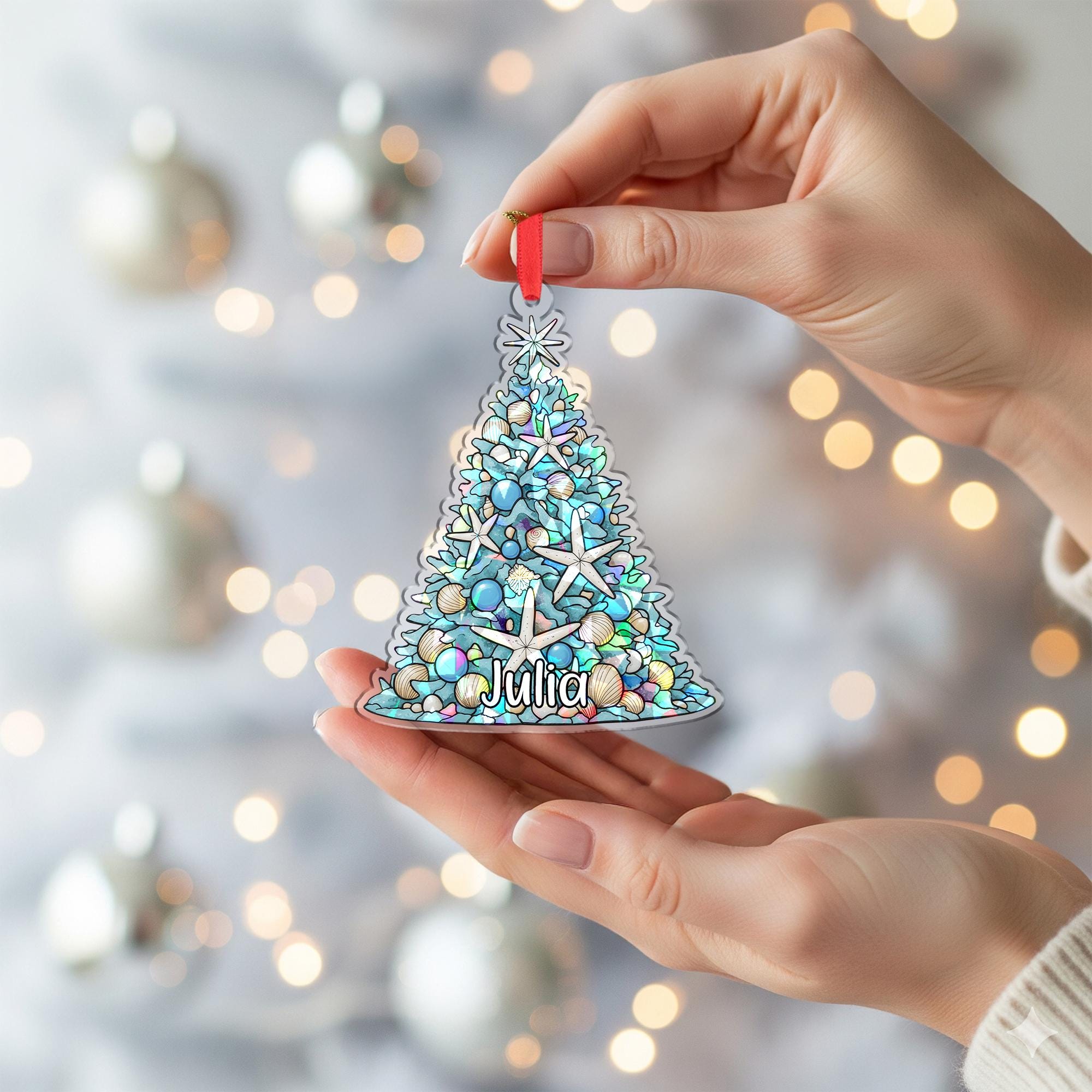 Custom Name Seashell Tree Ornament – Holographic Coastal Christmas Decor