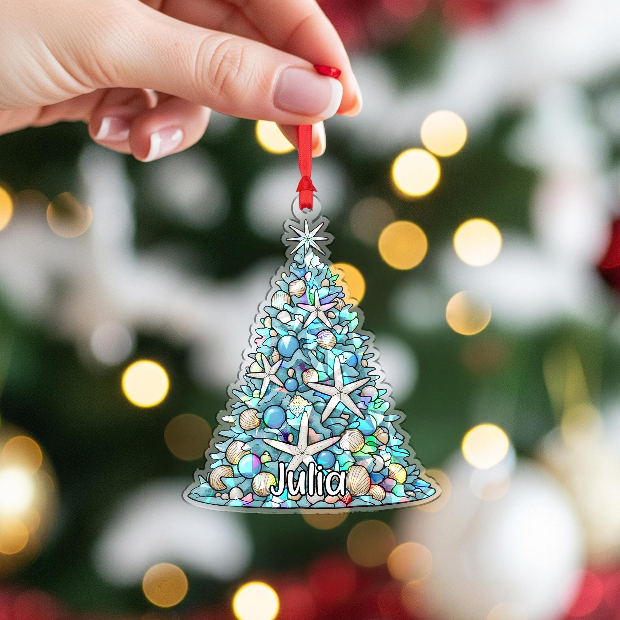 Custom Name Seashell Tree Ornament – Holographic Coastal Christmas Decor
