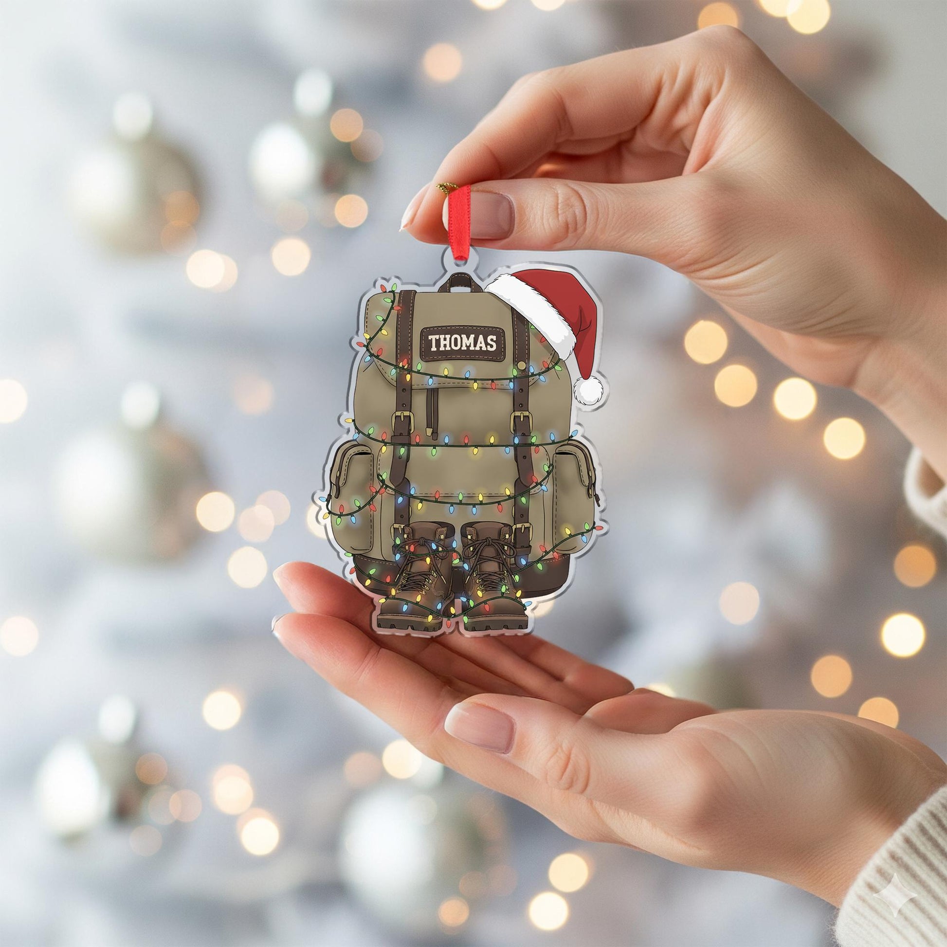 Personalized Hiking Backpack Shaped Acrylic Ornament; Custom Name Camping Gear Decor