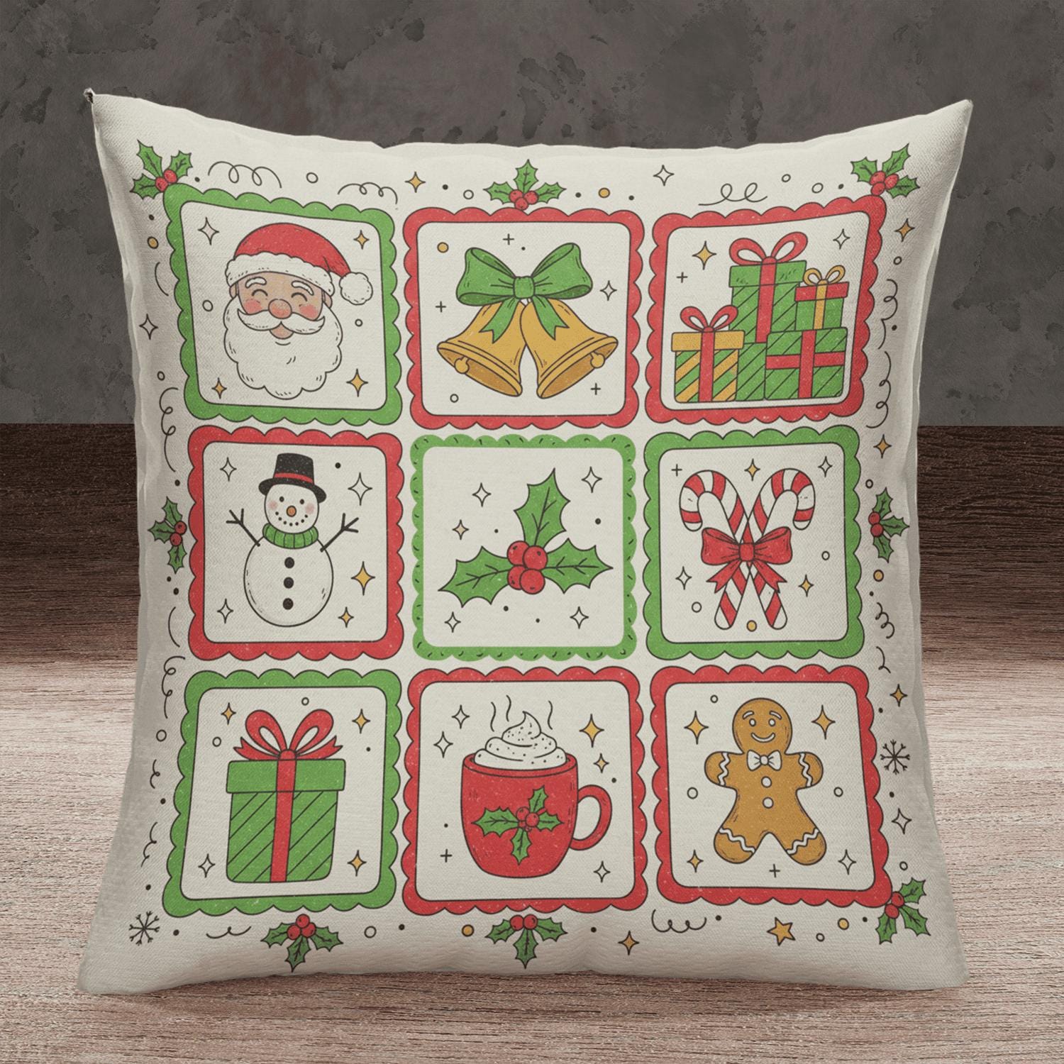 Christmas Pillow – Holiday Decor Cushion – Santa Gingerbread Candy Cane Pillow