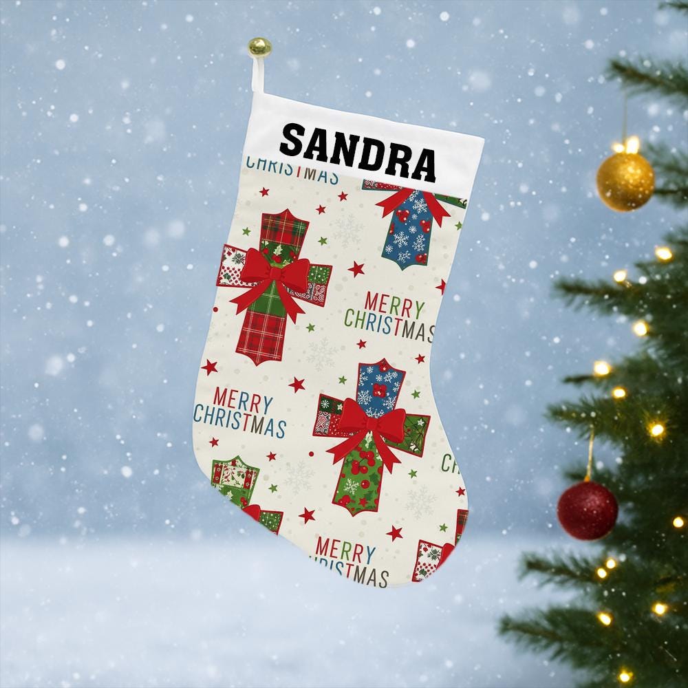 Personalized Christmas Stocking – Custom Name Holiday Fireplace Decor – Plaid Gift Stocking