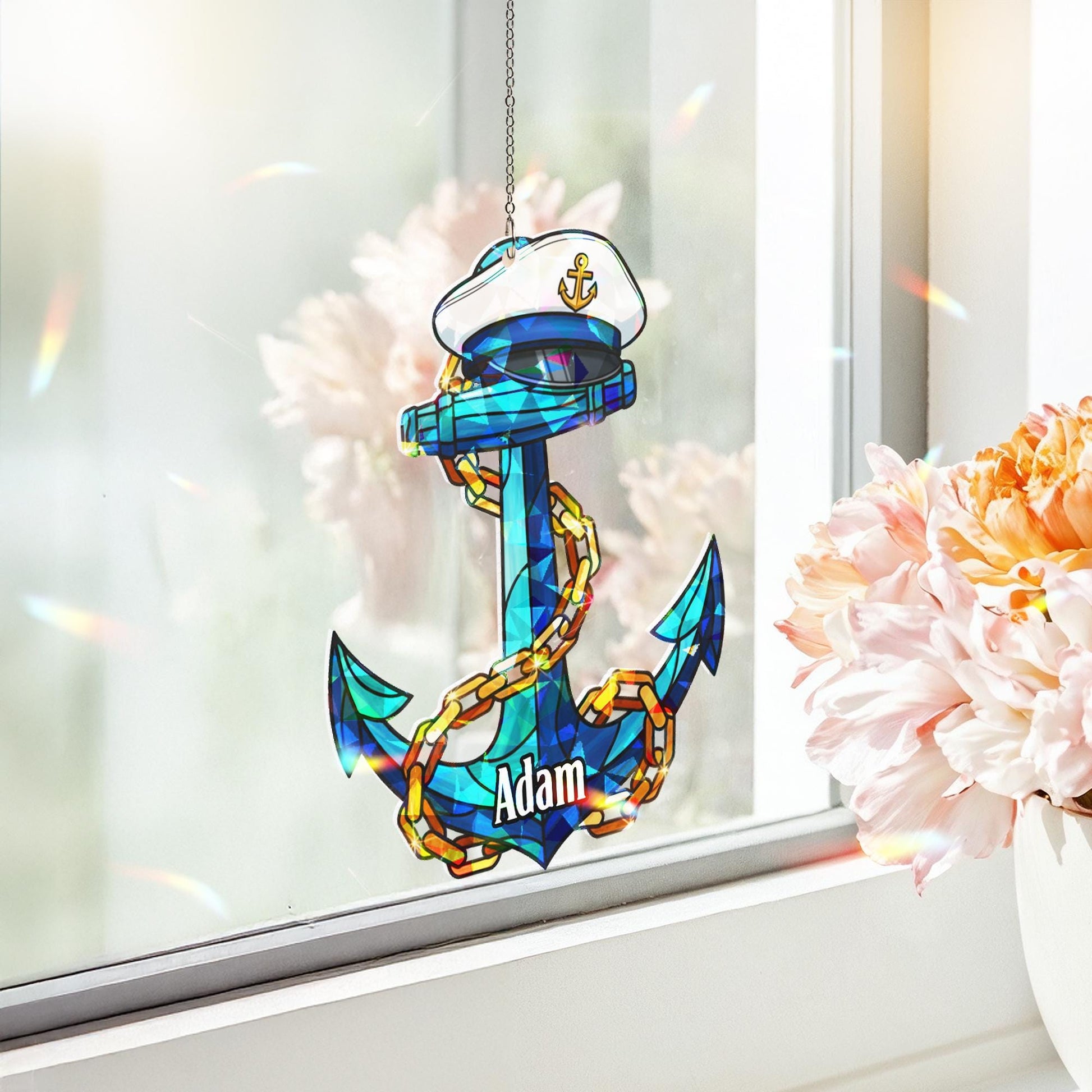 Personalized Anchor Window Hanging – Holographic Nautical Suncatcher Decor
