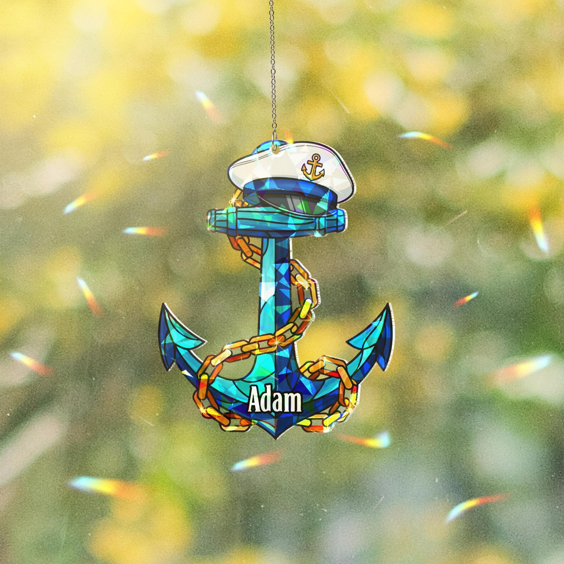 Personalized Anchor Window Hanging – Holographic Nautical Suncatcher Decor