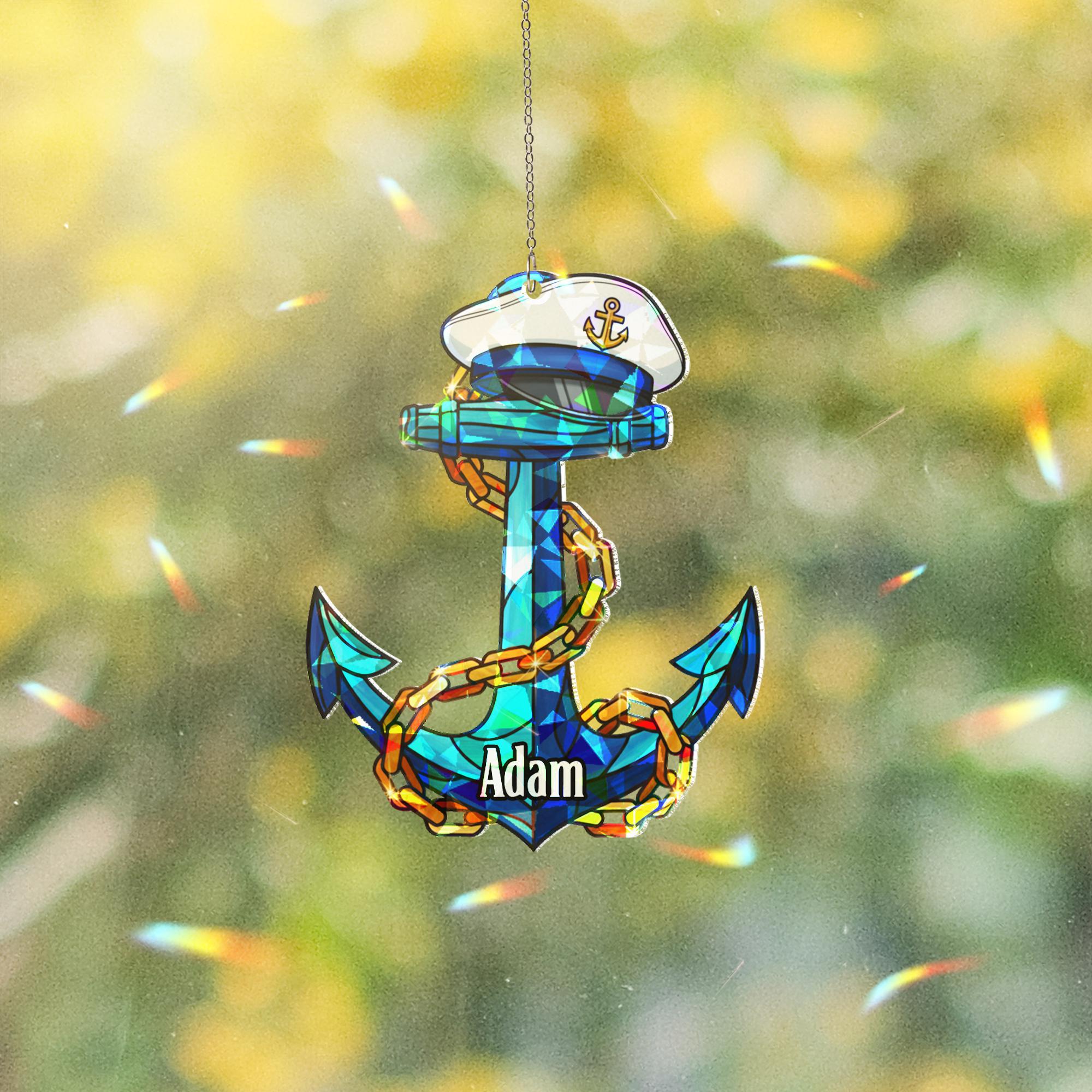 Personalized Anchor Window Hanging – Holographic Nautical Suncatcher Decor
