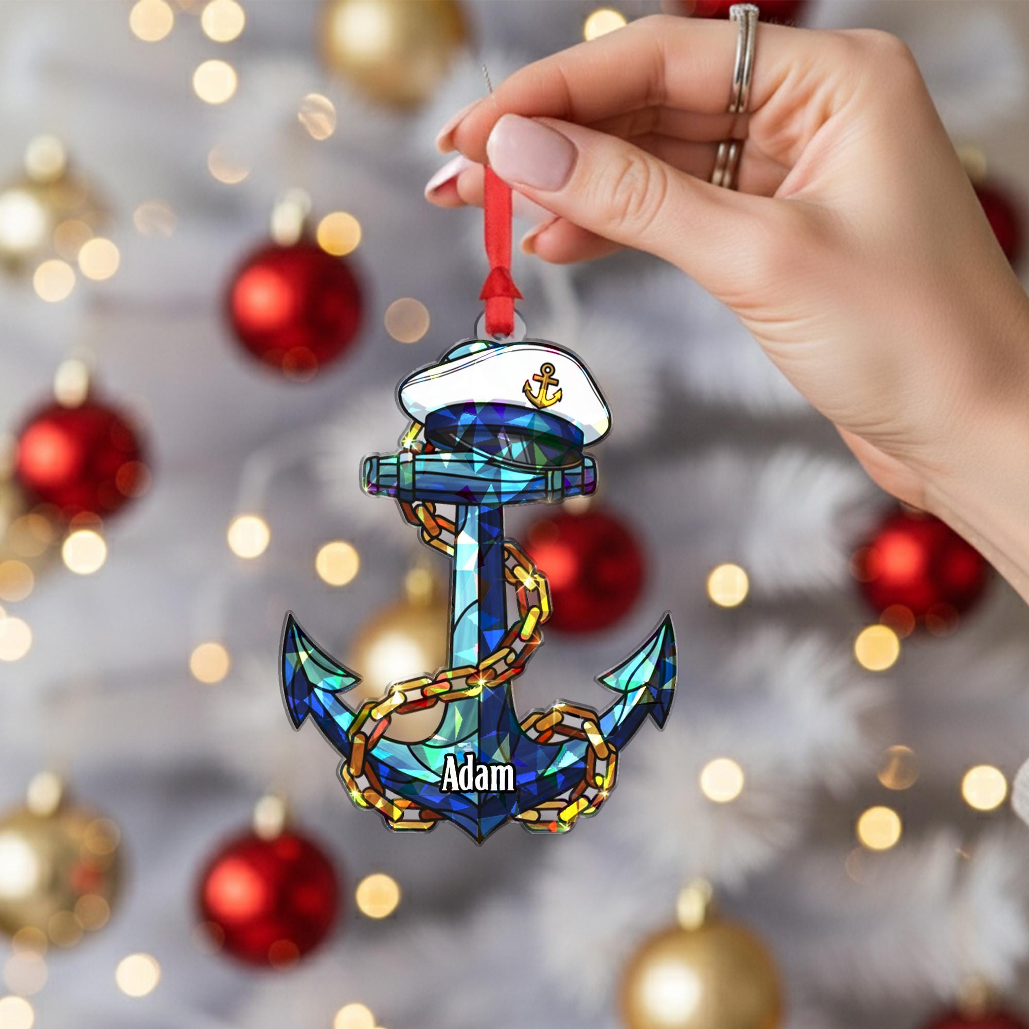 Personalized Anchor Ornament – Holographic Nautical Christmas Tree Decoration