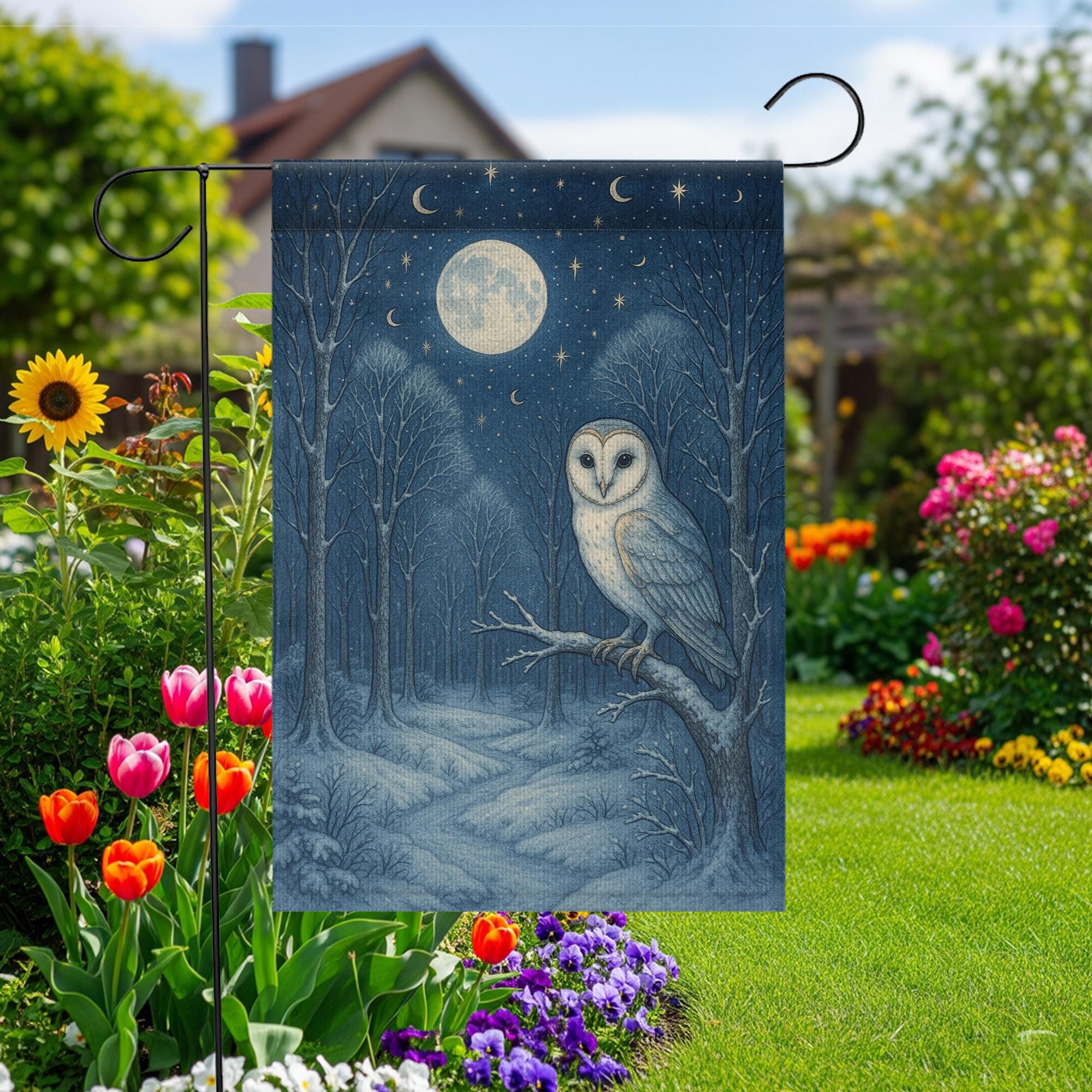 Moonlit Owl Garden Flag – Nocturnal Forest Yard Decor with Full Moon