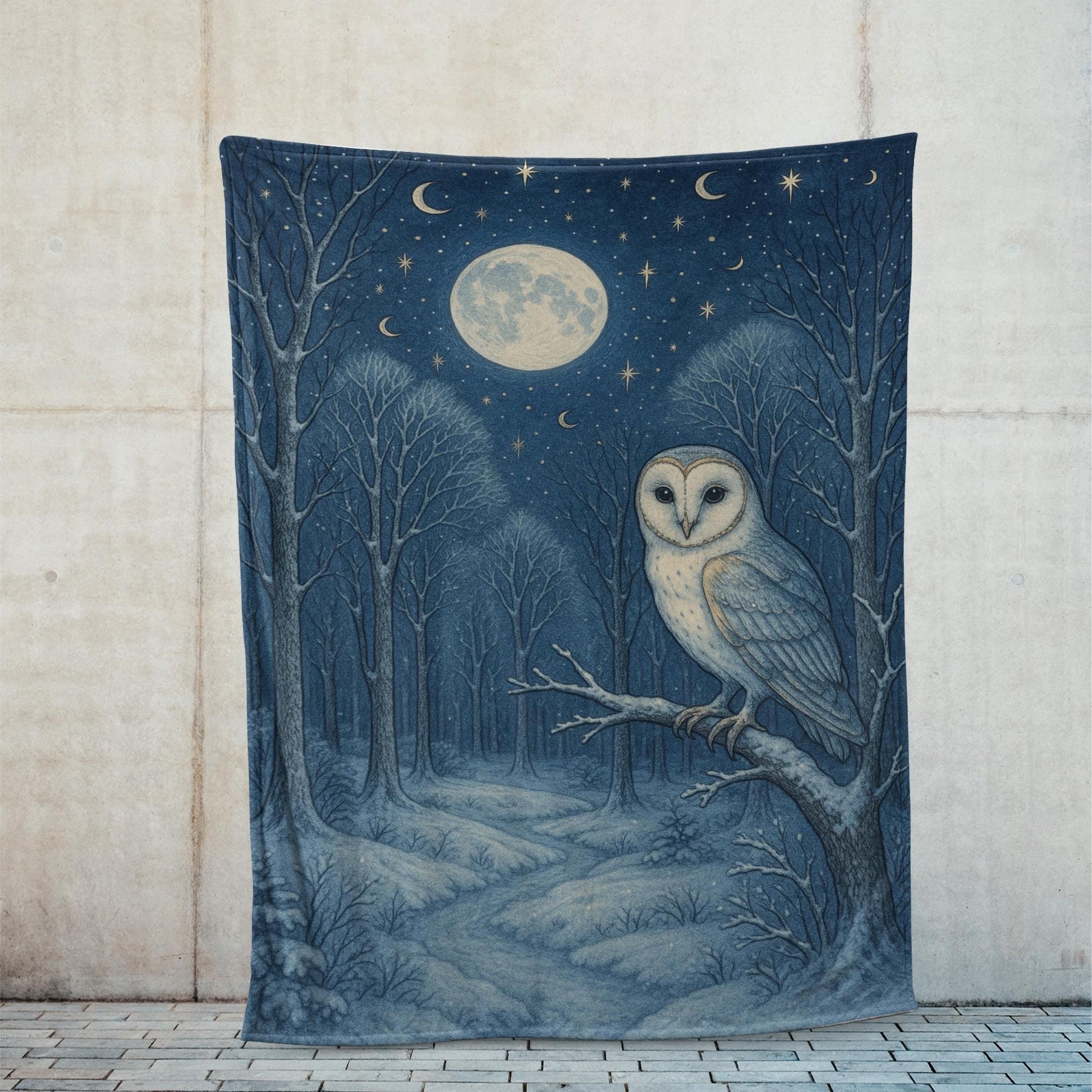 Moonlit Owl Fleece Blanket – Cozy Forest Night Throw with Full Moon Design