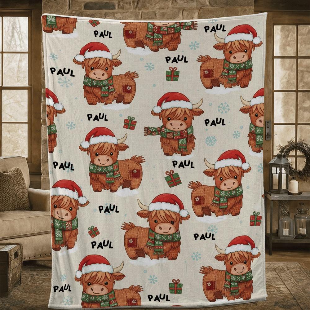 Personalized Highland Cow Blanket – Custom Name Christmas Fleece Throw – Holiday Farmhouse Decor