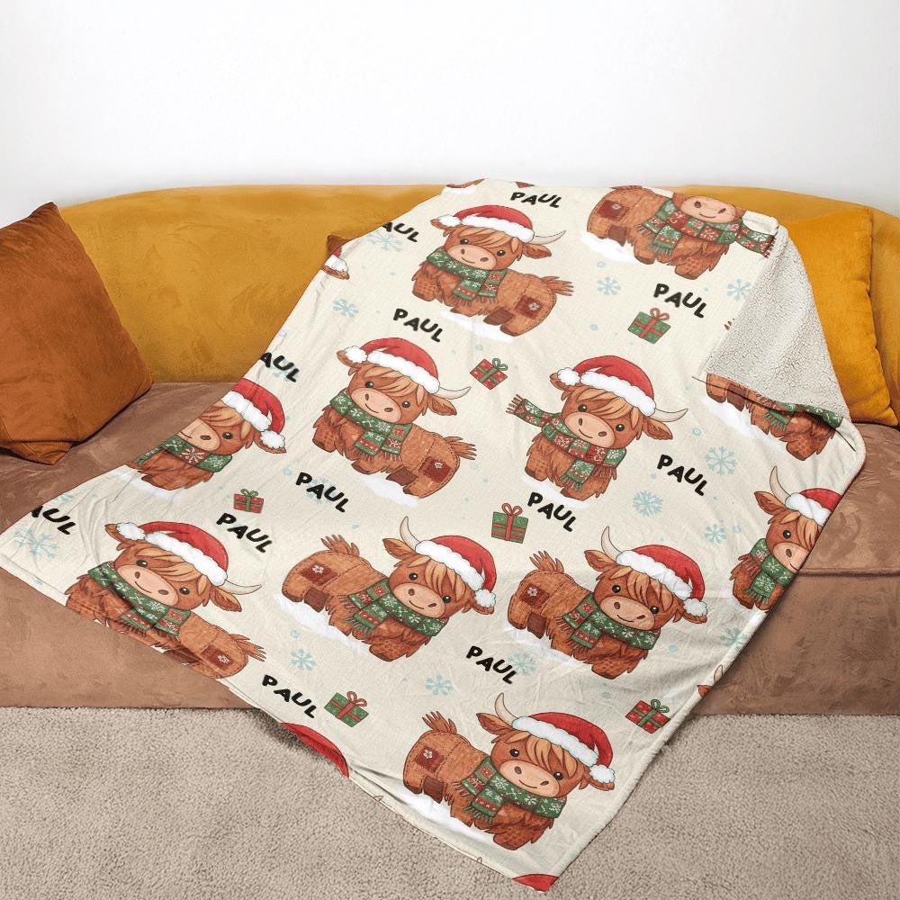 Personalized Highland Cow Blanket – Custom Name Christmas Fleece Throw – Holiday Farmhouse Decor