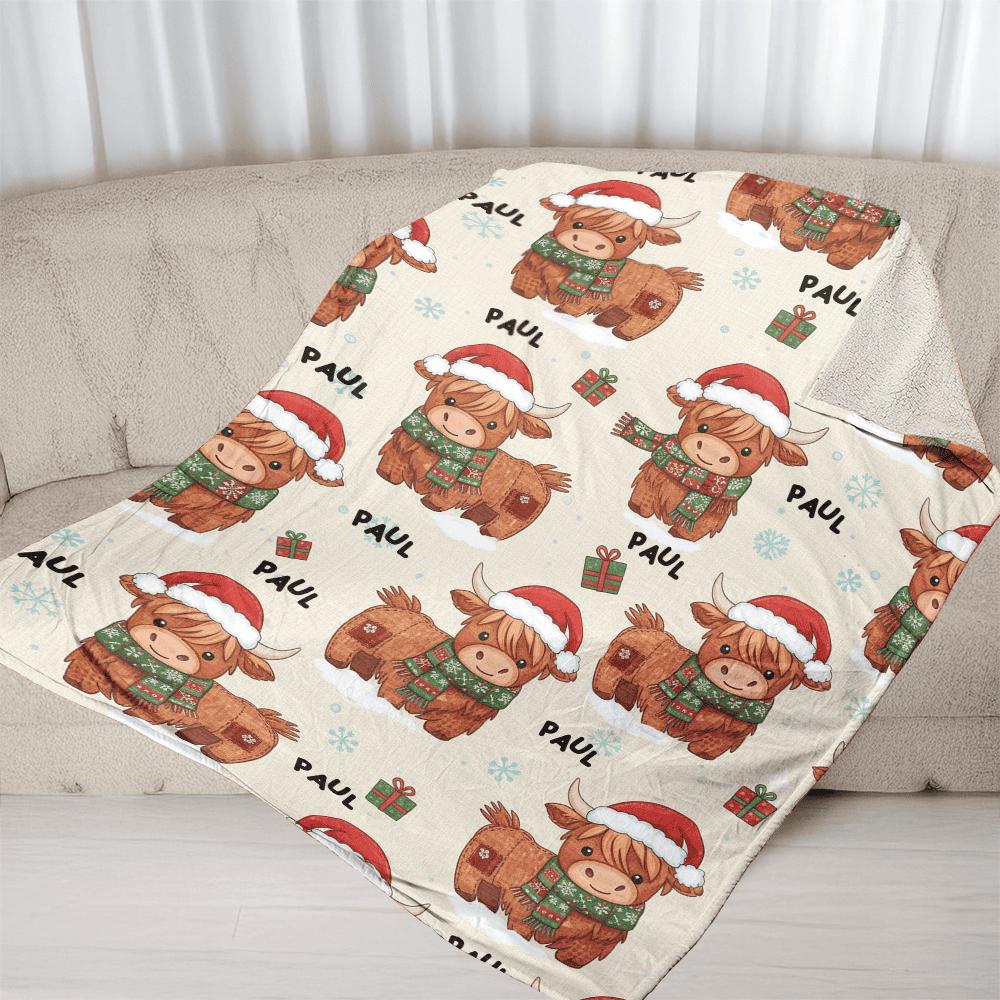 Personalized Highland Cow Blanket – Custom Name Christmas Fleece Throw – Holiday Farmhouse Decor