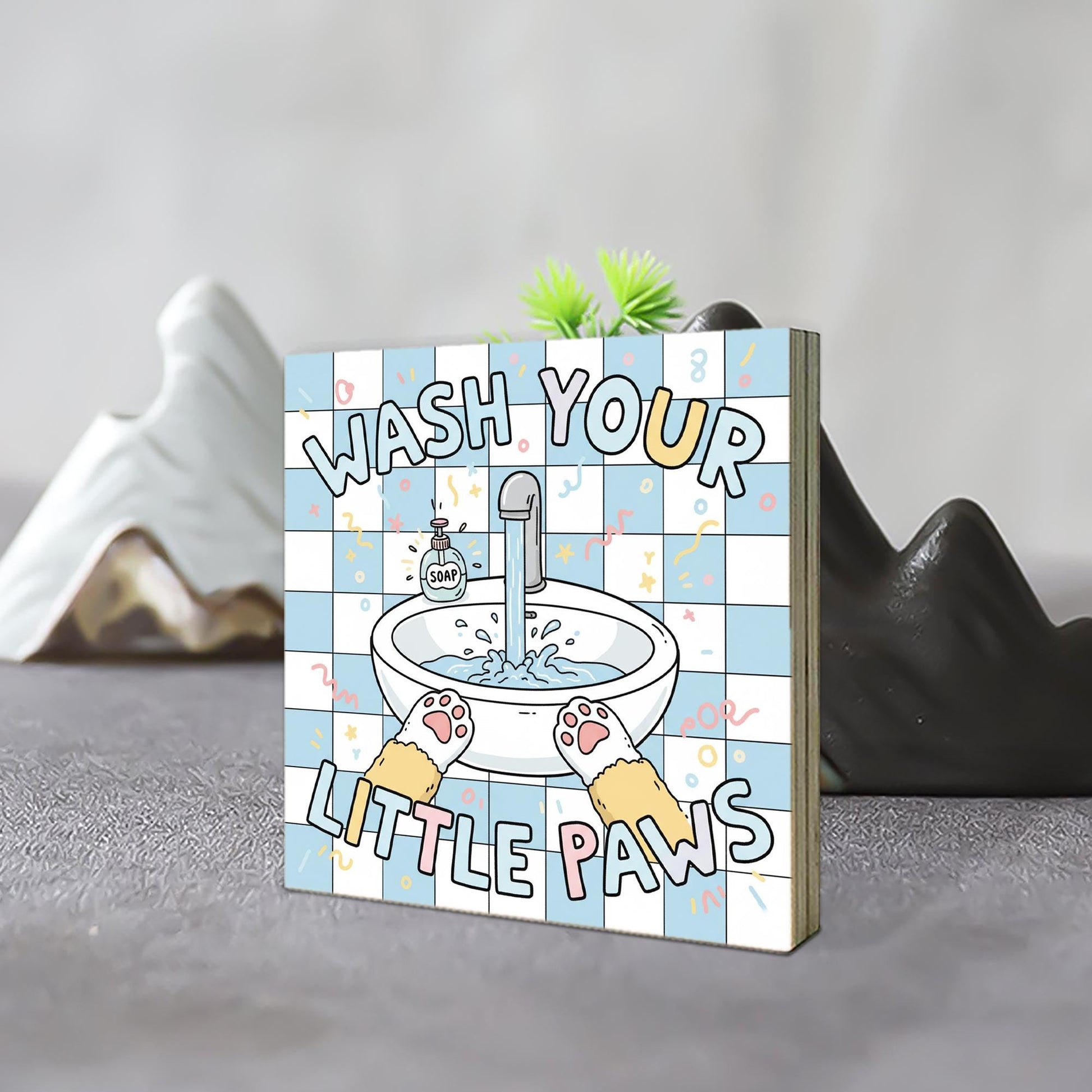 Square Wash Your Little Paws Wood Sign; Bathroom Pet Humor Wall Decor