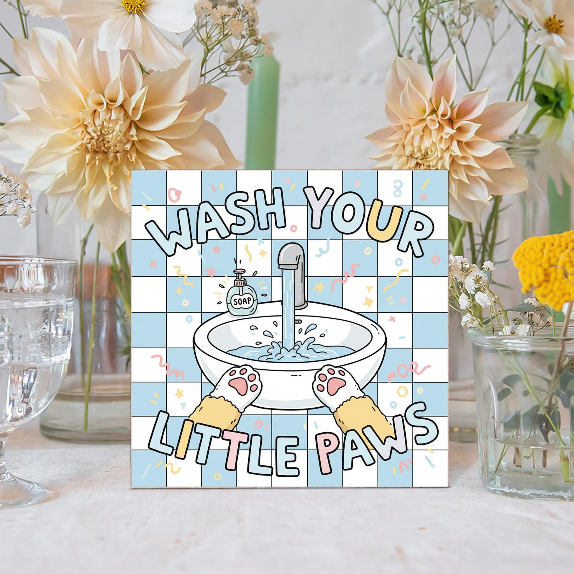 Square Wash Your Little Paws Wood Sign; Bathroom Pet Humor Wall Decor