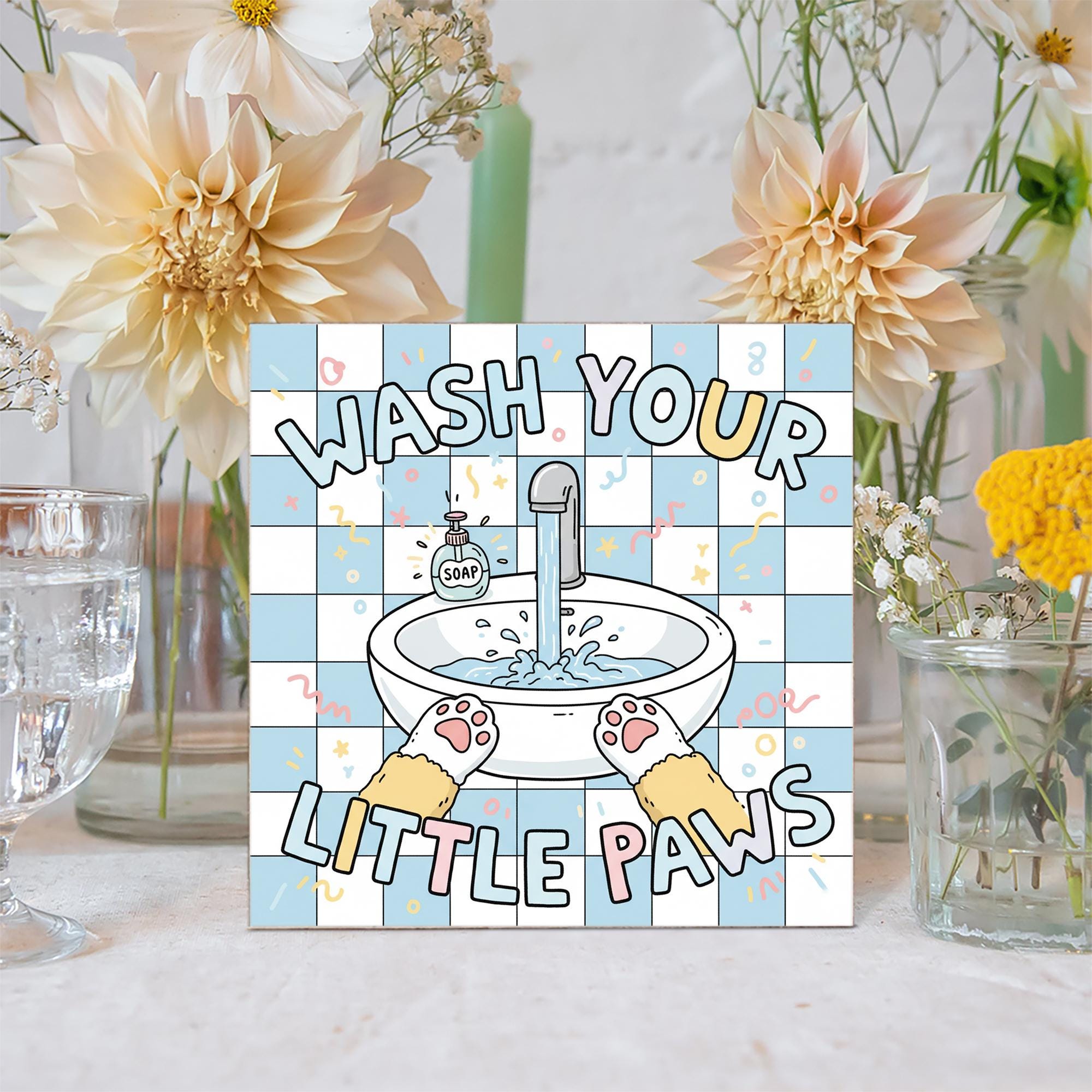 Square Wash Your Little Paws Wood Sign; Bathroom Pet Humor Wall Decor