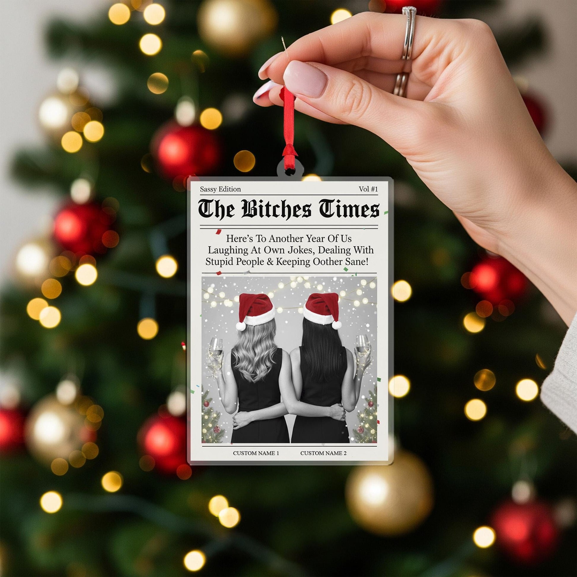 Personalized Newspaper Style Best Friends Acrylic Ornament; Funny Custom Name Decor
