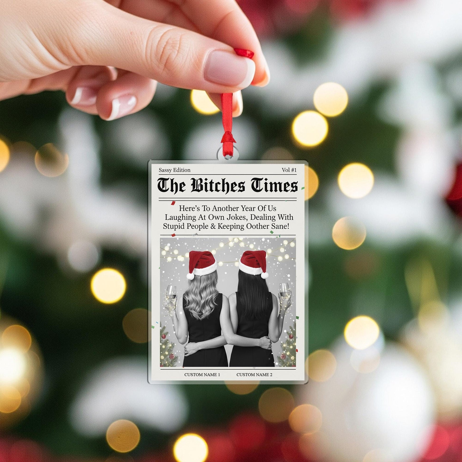 Personalized Newspaper Style Best Friends Acrylic Ornament; Funny Custom Name Decor