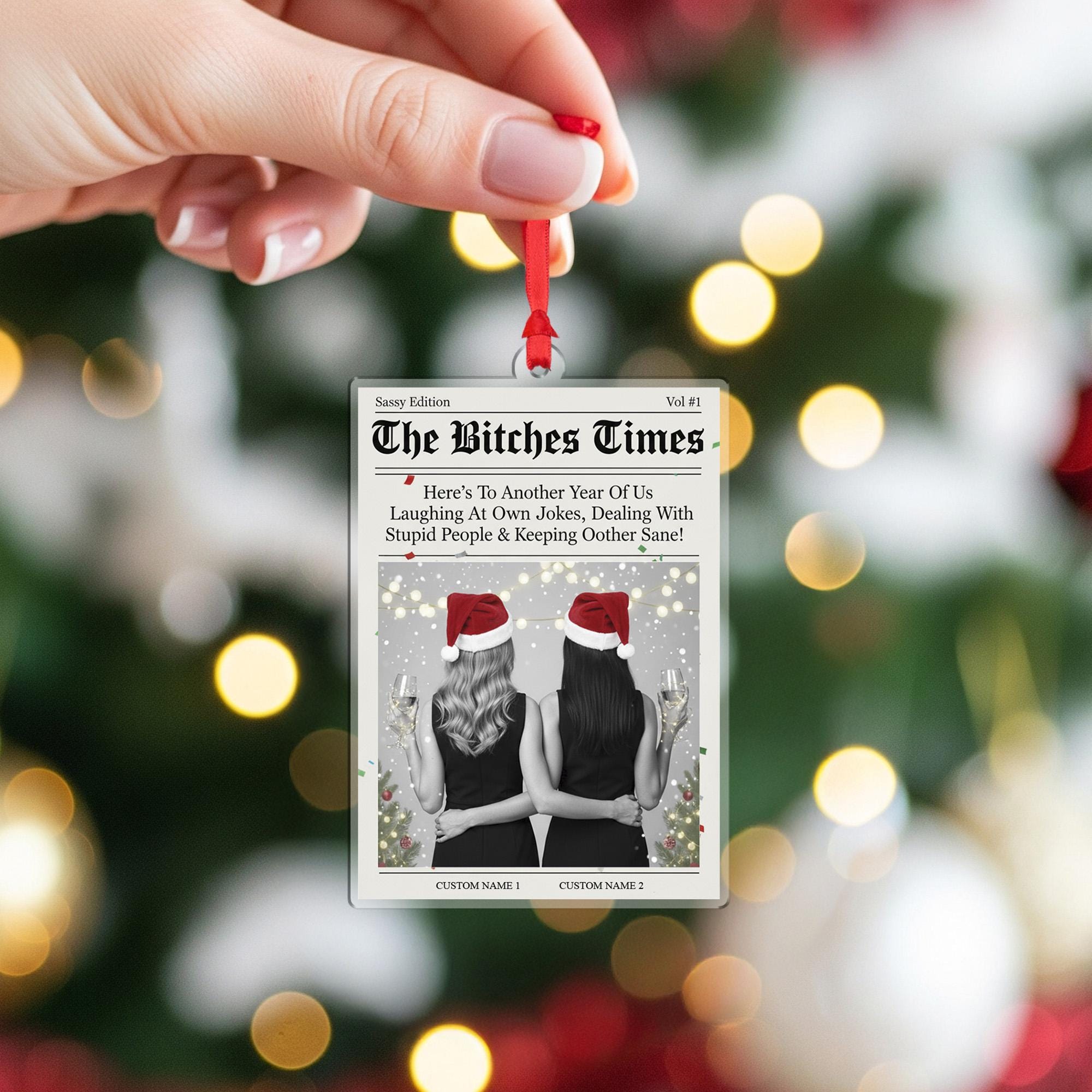 Personalized Newspaper Style Best Friends Acrylic Ornament; Funny Custom Name Decor