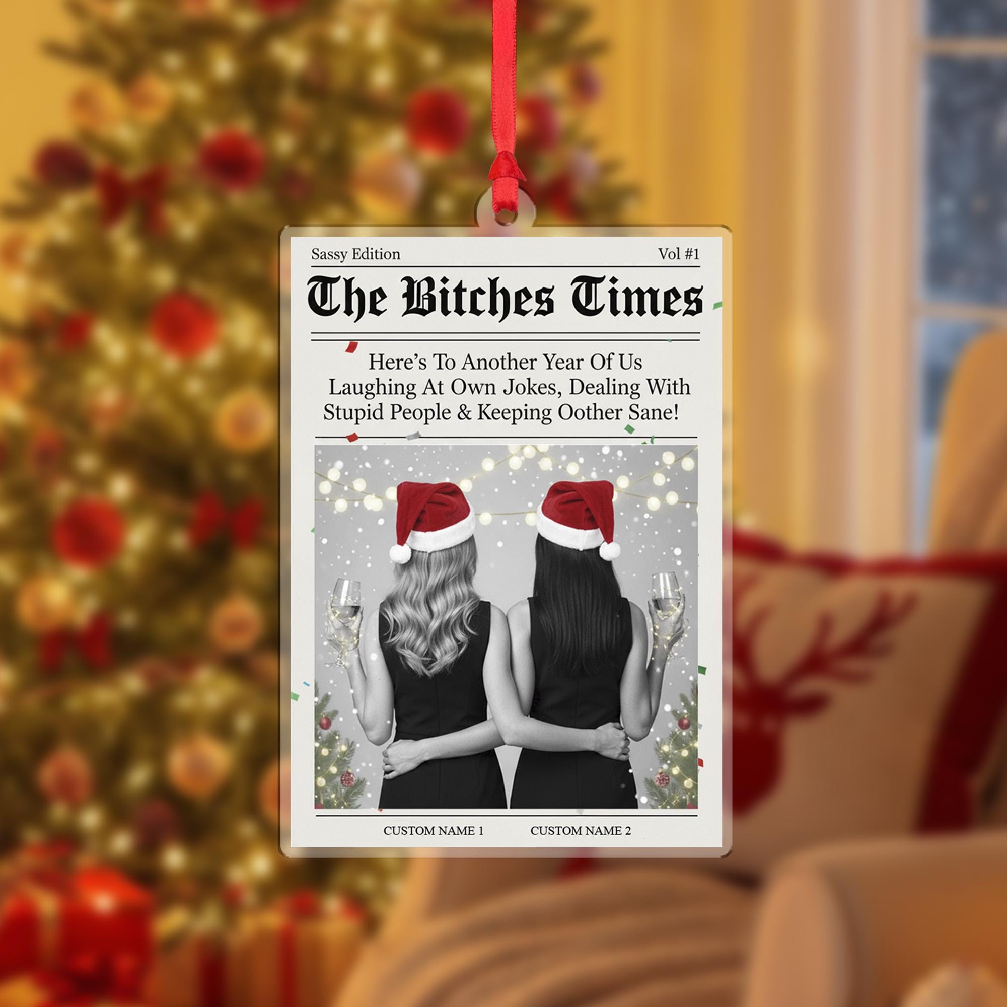 Personalized Newspaper Style Best Friends Acrylic Ornament; Funny Custom Name Decor