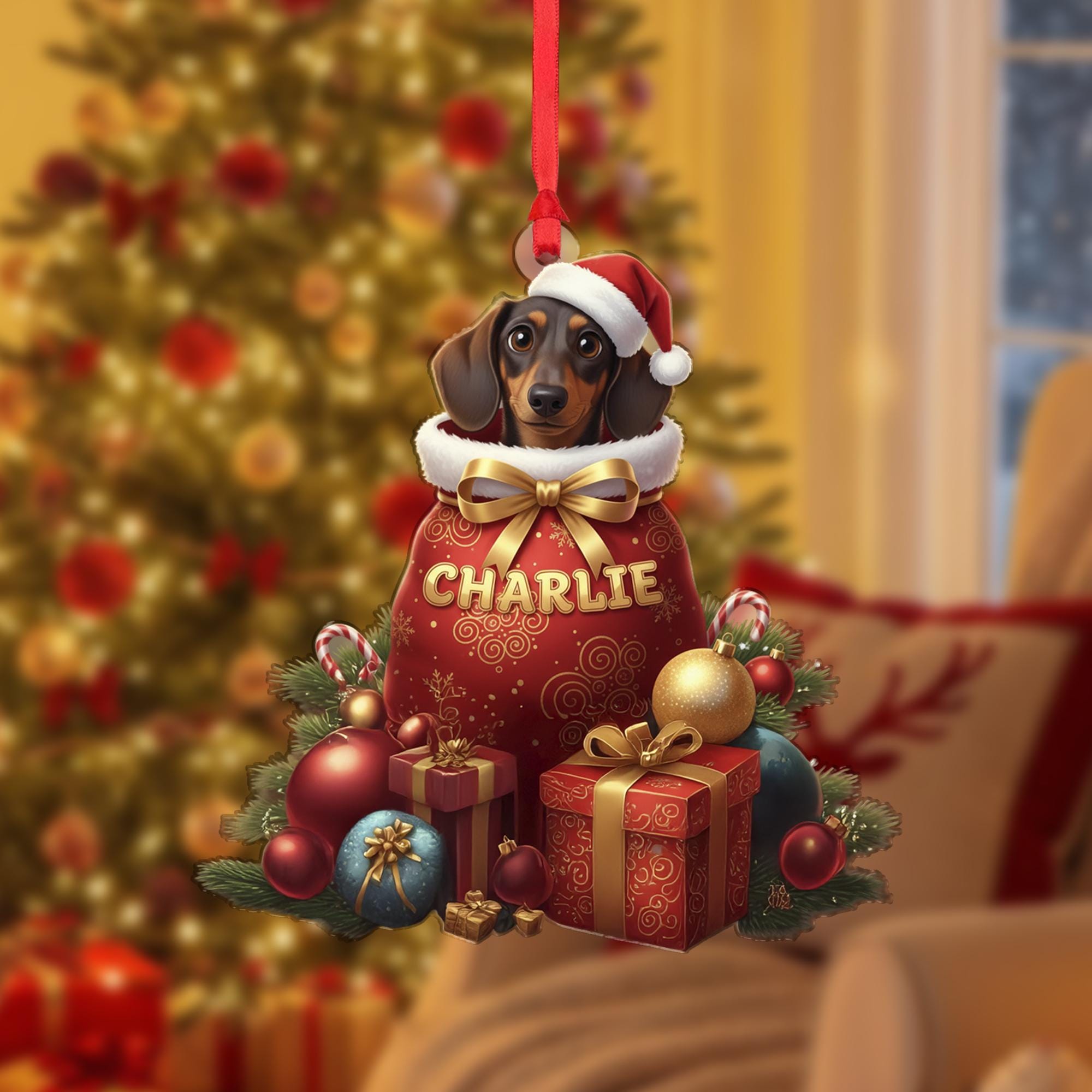 Personalized Dog Christmas Ornament – Custom Name Dachshund Holiday Decoration