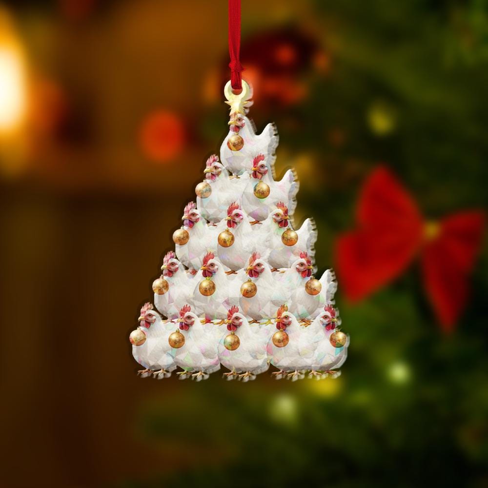 Acrylic Chicken Tree Hologram Ornament — White Hen Cluster with Gold Baubles