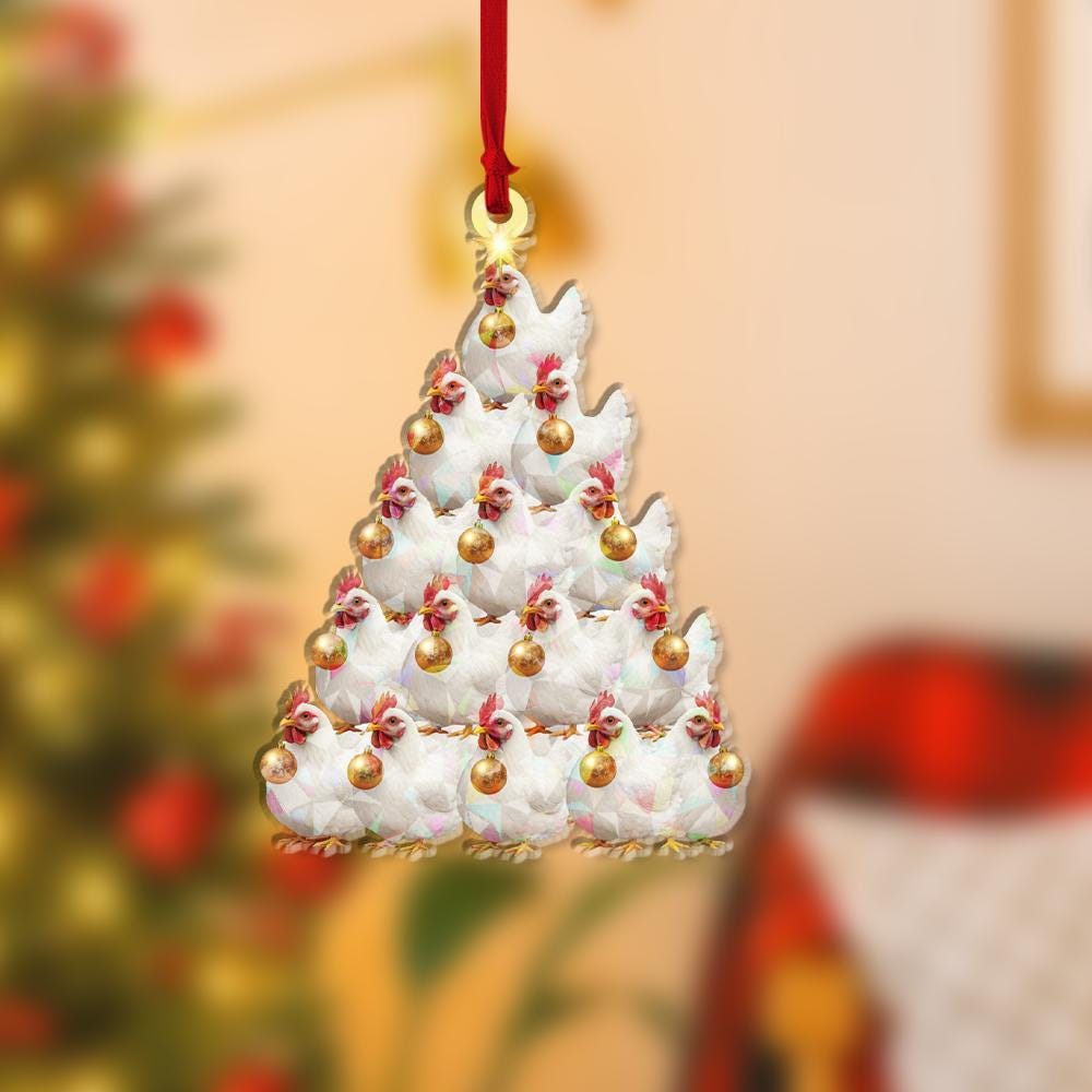 Acrylic Chicken Tree Hologram Ornament — White Hen Cluster with Gold Baubles