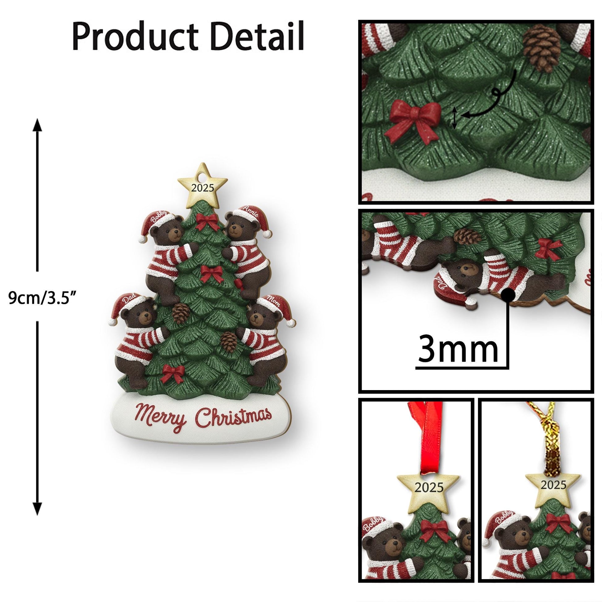 Personalized Bear Family Christmas Tree Ornament 2025 – Hanging Decoration