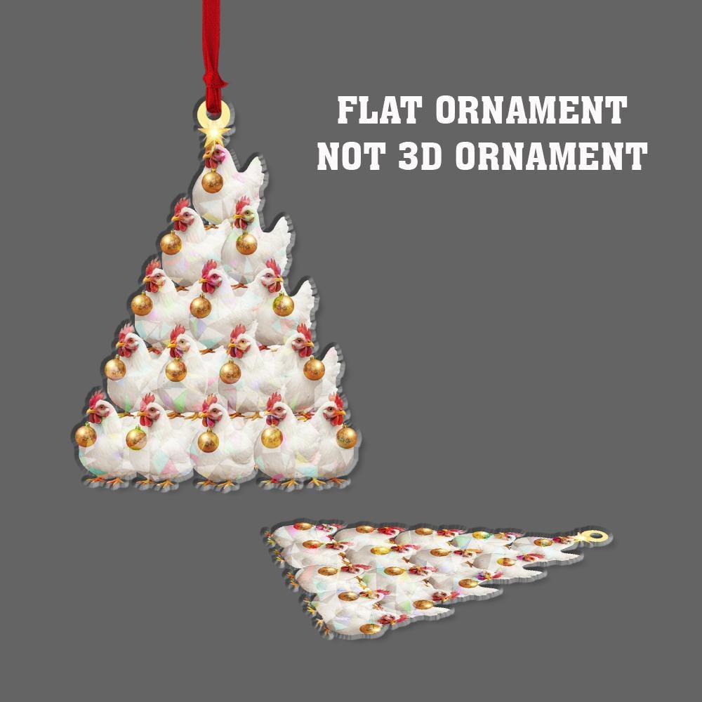 Acrylic Chicken Tree Hologram Ornament — White Hen Cluster with Gold Baubles