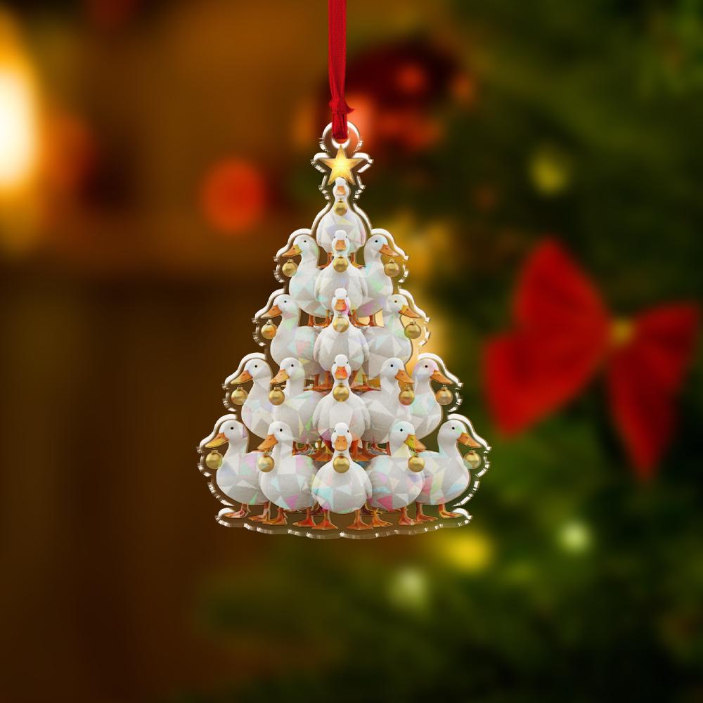 Acrylic Duck Tree Hologram Ornament — White Ducks Cluster with Gold Baubles