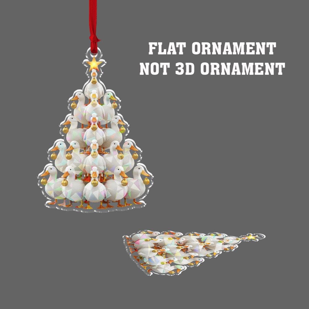 Acrylic Duck Tree Hologram Ornament — White Ducks Cluster with Gold Baubles