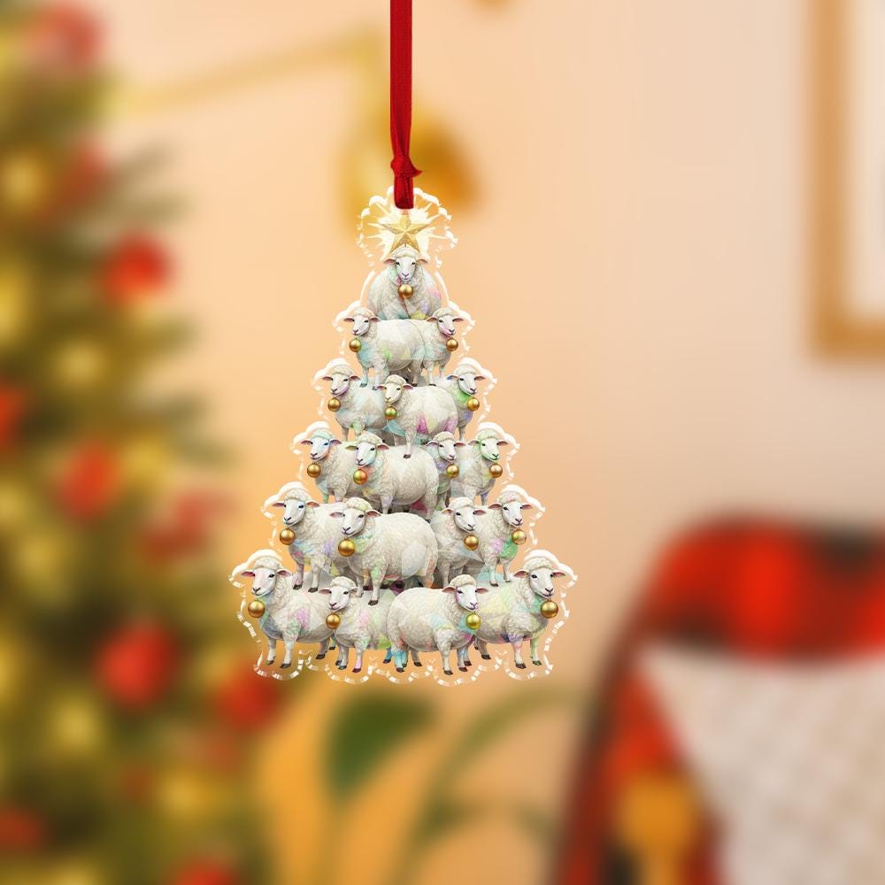 Acrylic Sheep Tree Hologram Ornament — White Sheep Cluster with Gold Baubles