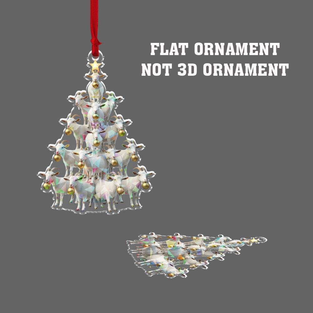 Acrylic Goat Tree Hologram Ornament — White Goat Cluster with Gold Baubles