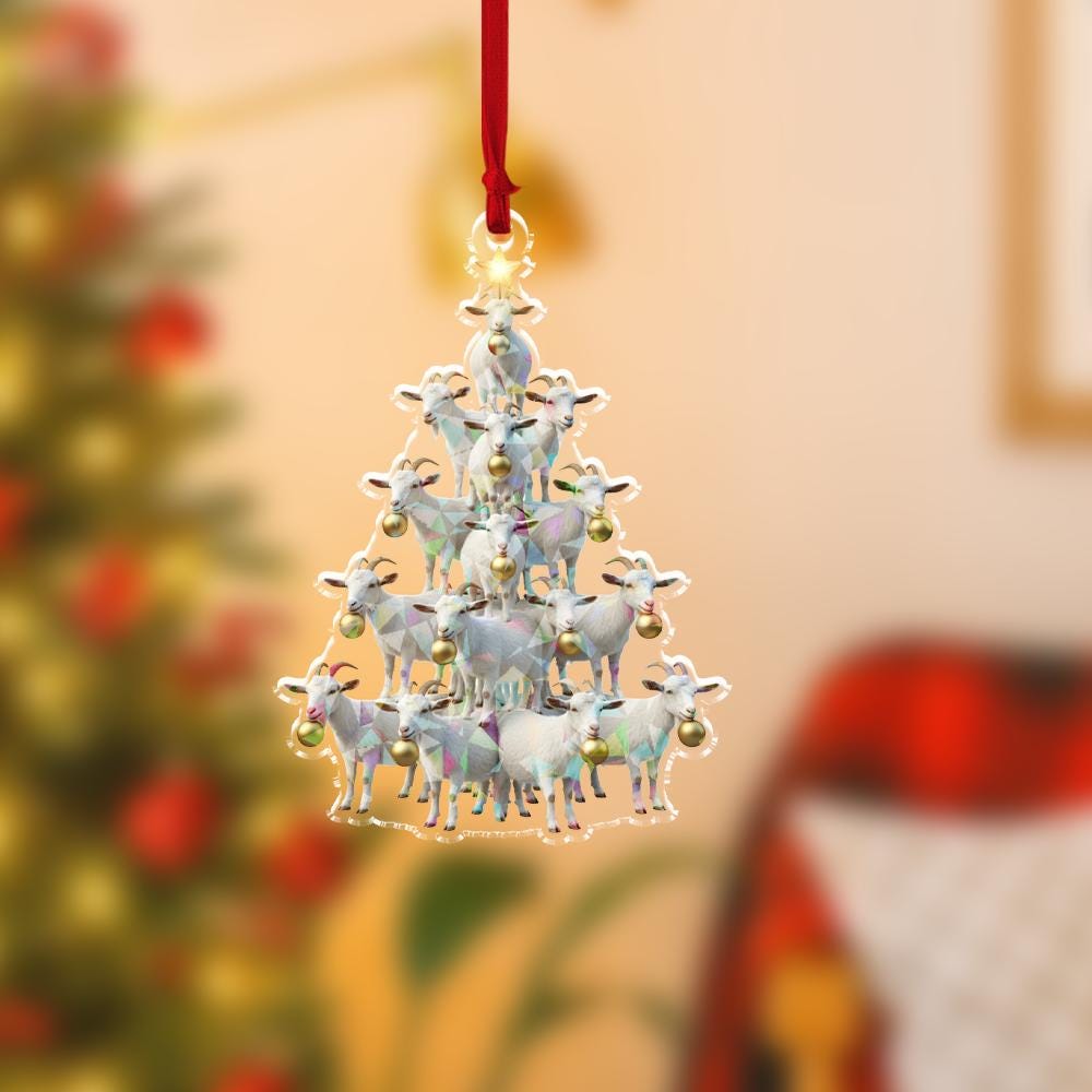 Acrylic Goat Tree Hologram Ornament — White Goat Cluster with Gold Baubles