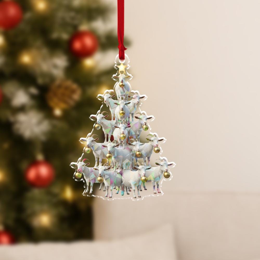 Acrylic Goat Tree Hologram Ornament — White Goat Cluster with Gold Baubles