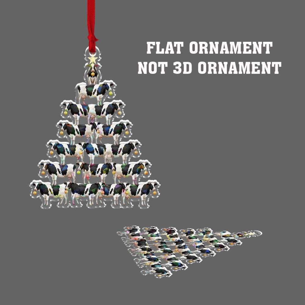 Acrylic Cow Tree Hologram Ornament — Black & White Cows Cluster with Gold Baubles