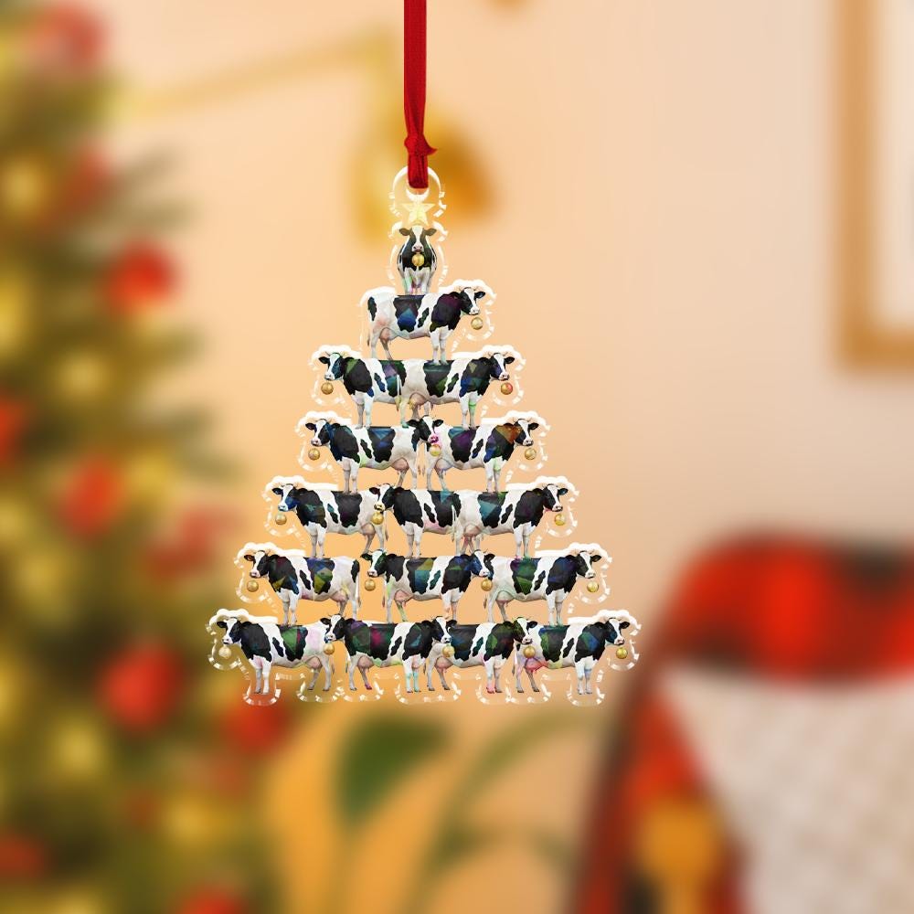 Acrylic Cow Tree Hologram Ornament — Black & White Cows Cluster with Gold Baubles