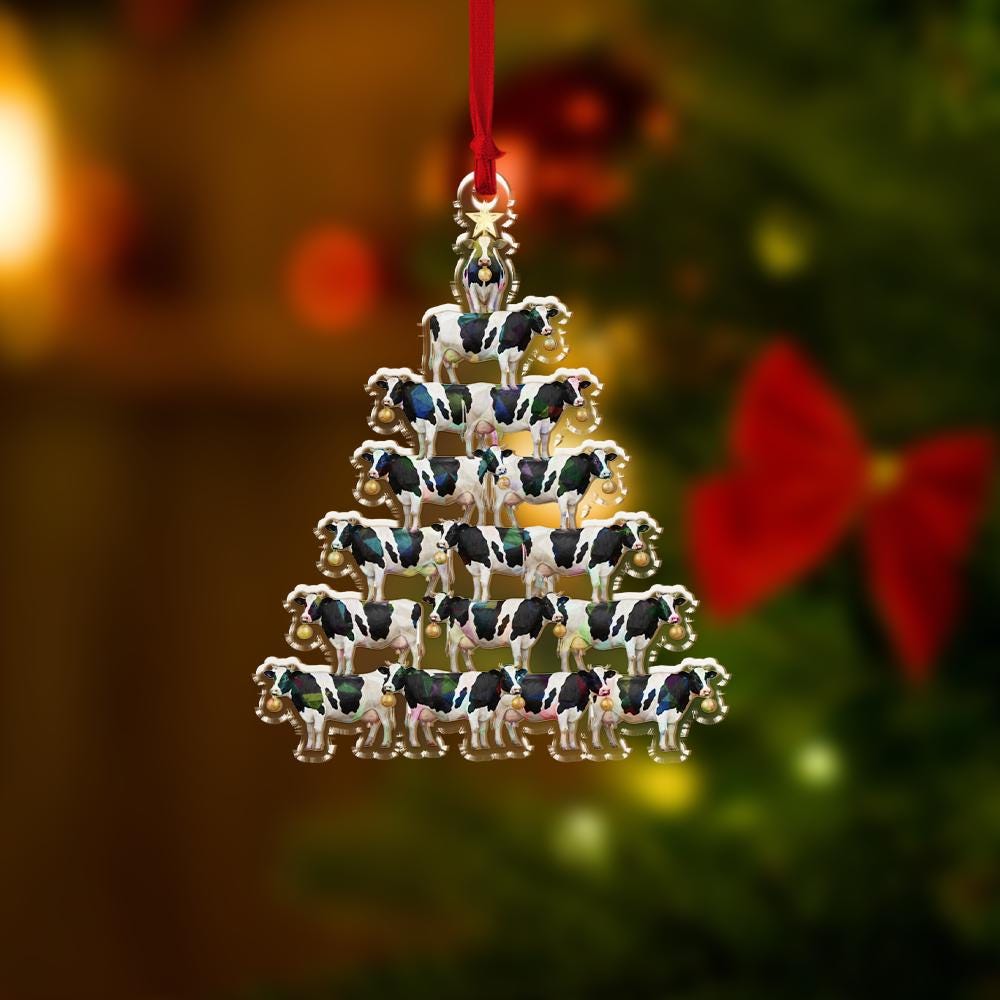 Acrylic Cow Tree Hologram Ornament — Black & White Cows Cluster with Gold Baubles