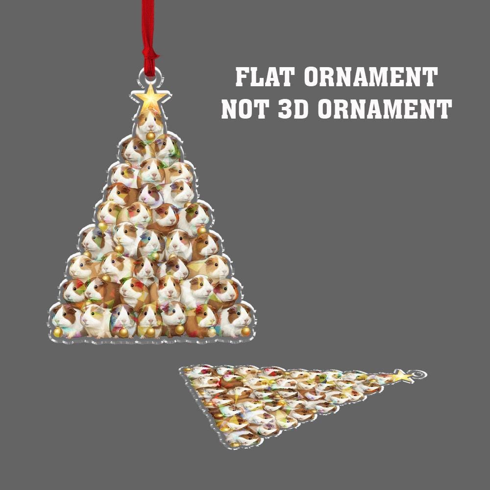 Acrylic Guinea Pig Tree Hologram Ornament — Brown & White Guinea Pigs with Gold Baubles