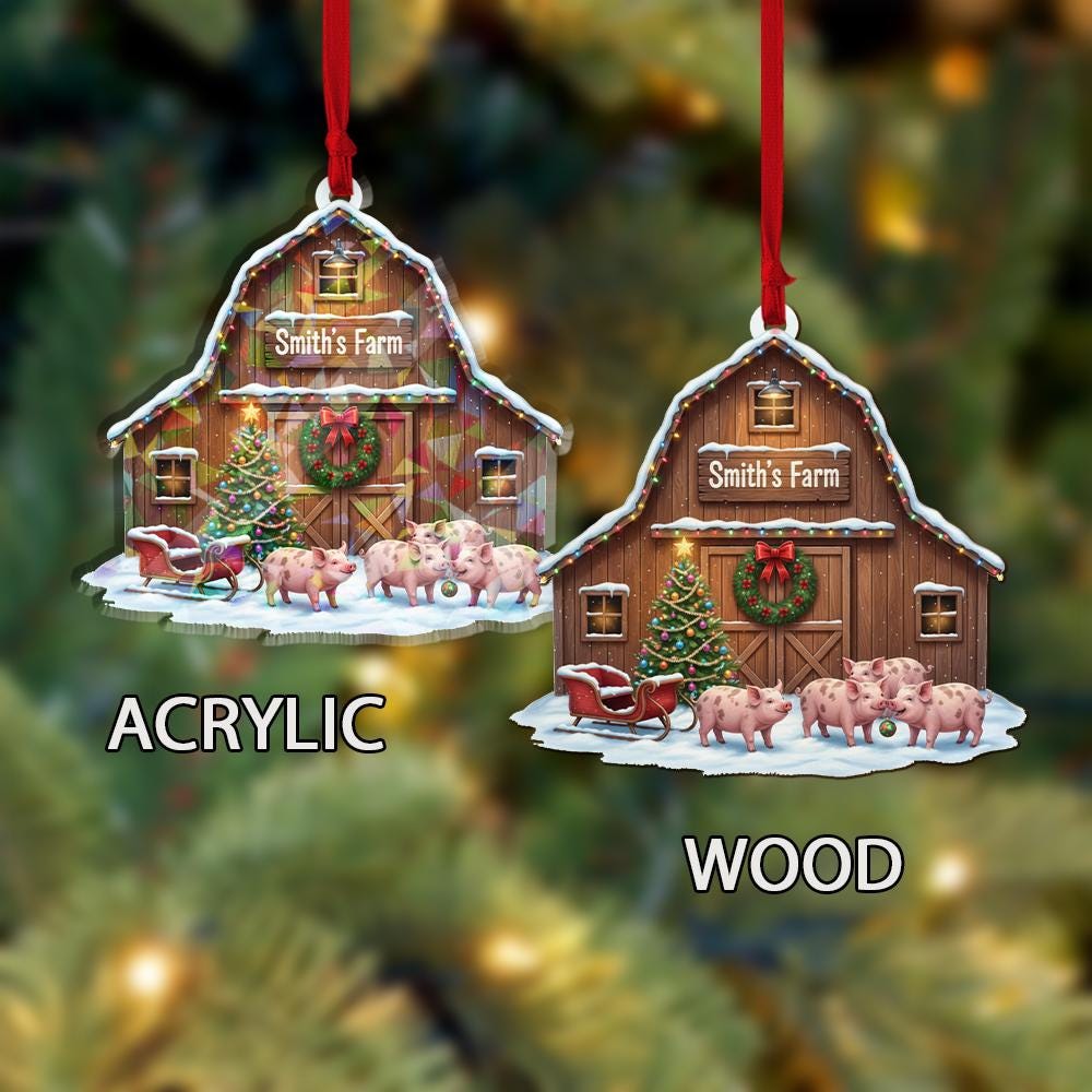 Holographic Farm Barn Ornament — Pigs in Front with Snow Detail