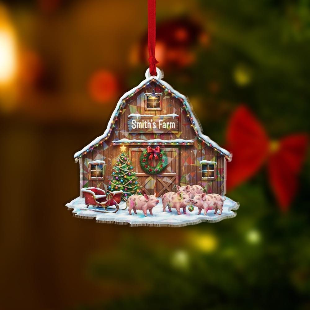Holographic Farm Barn Ornament — Pigs in Front with Snow Detail