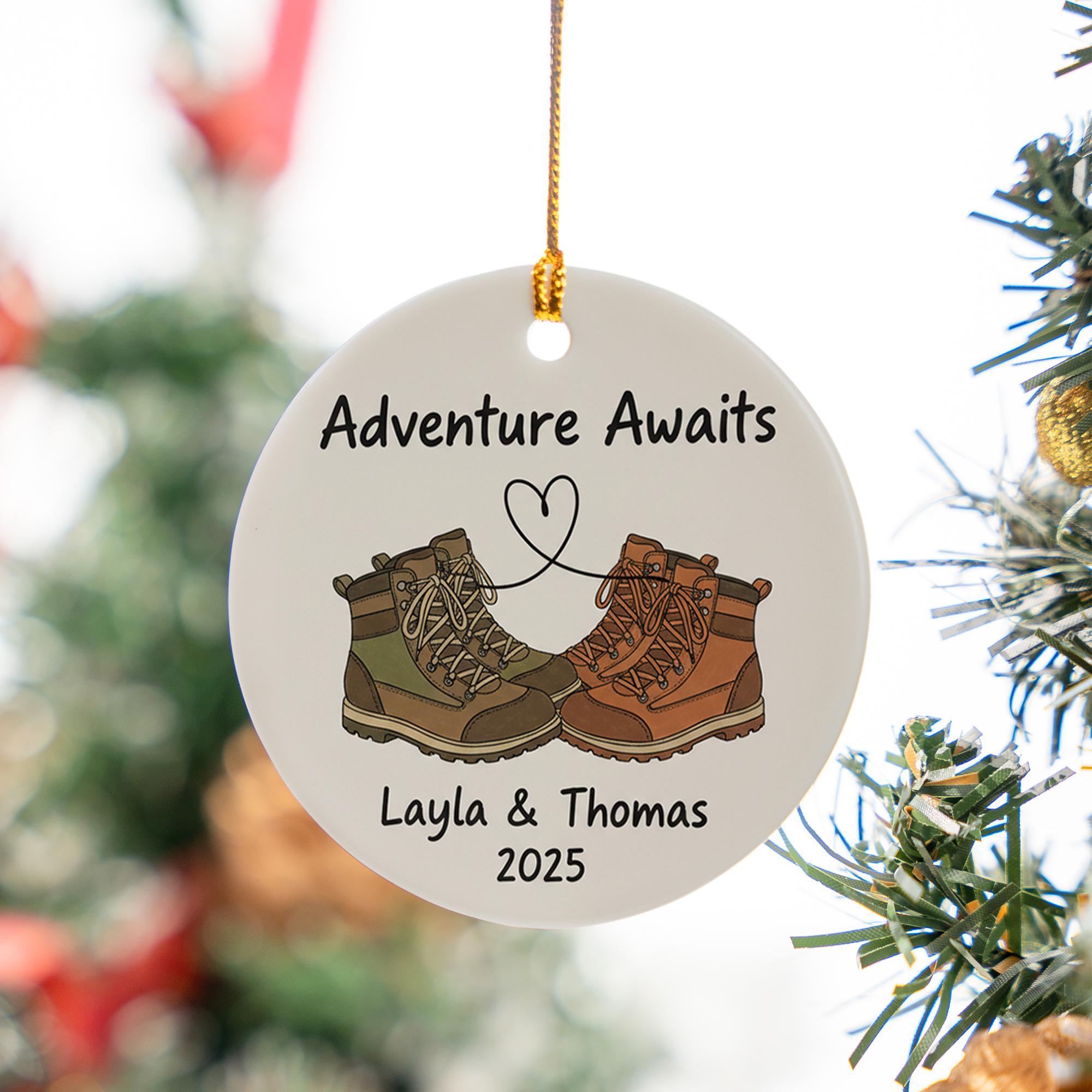 Personalized Hiking Ornament – Ceramic Adventure Awaits Design with Boots, Couples Christmas Decoration