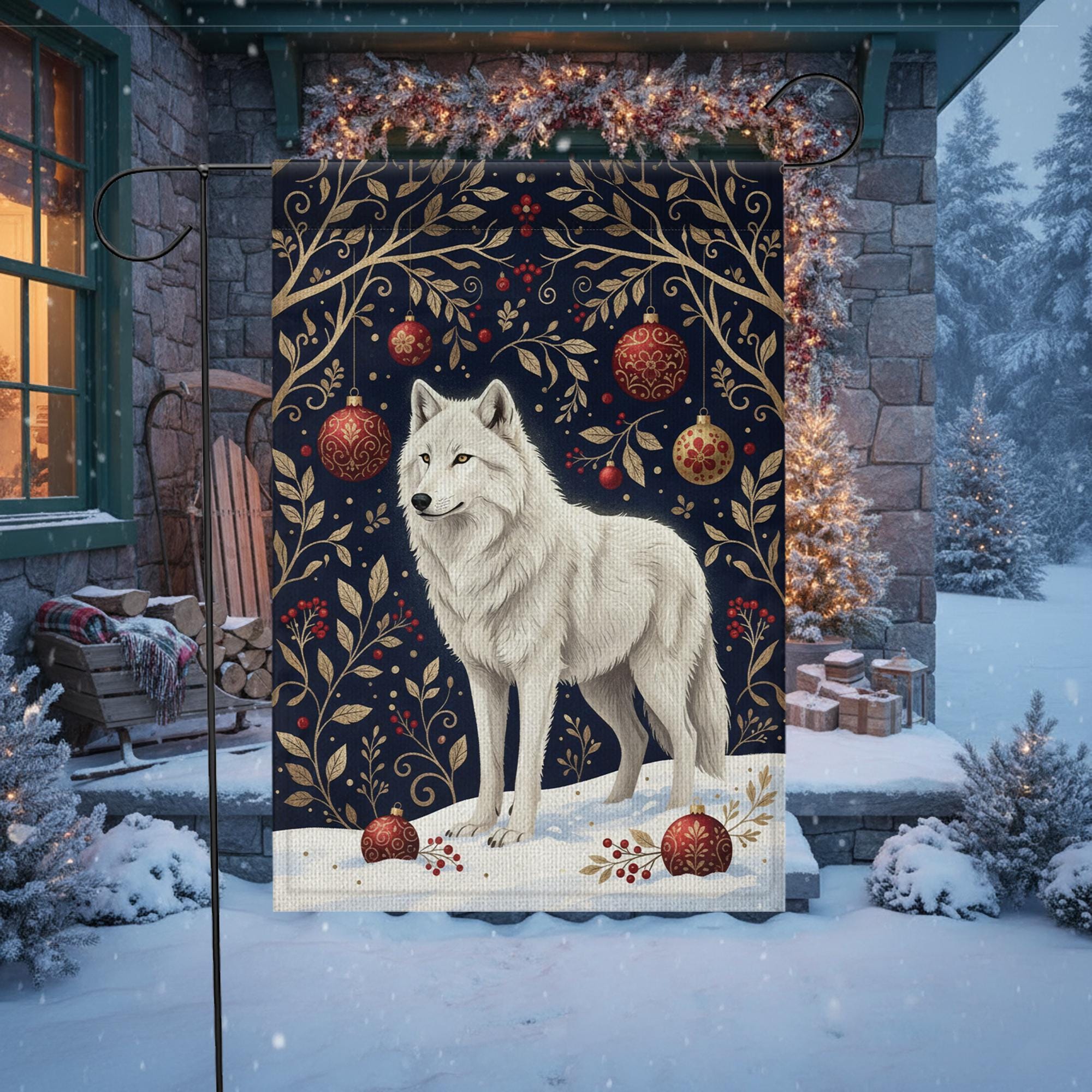 Winter Wolf Flag – Polyester Garden Decoration with Snow Scene and Christmas Design