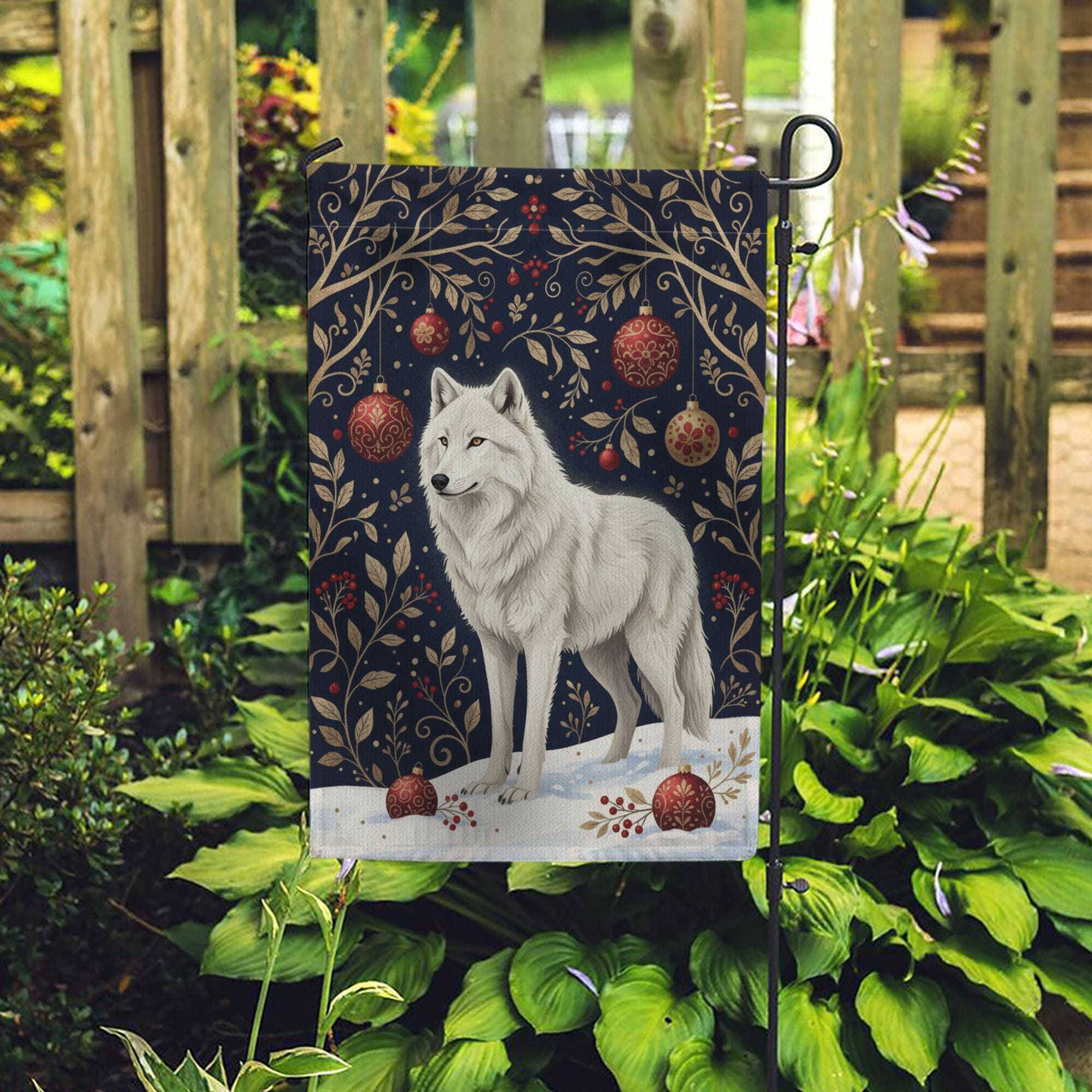 Winter Wolf Flag – Polyester Garden Decoration with Snow Scene and Christmas Design