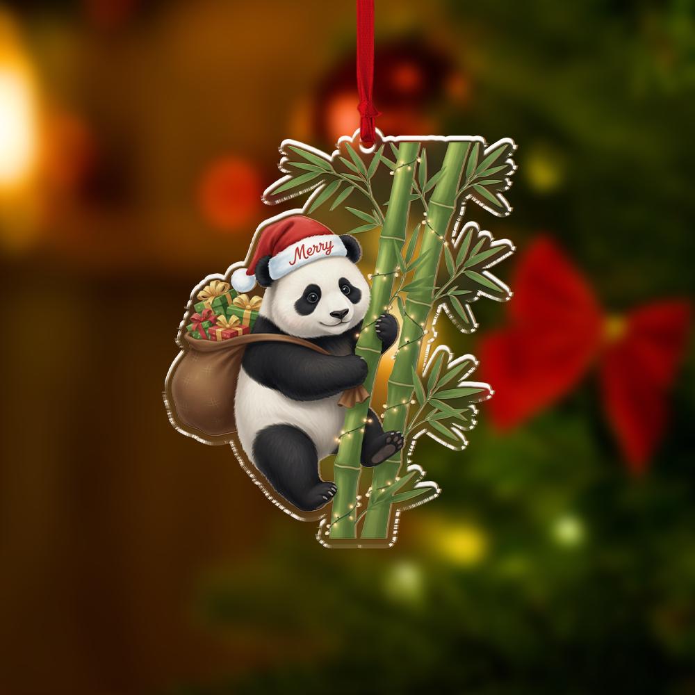 Acrylic Panda Ornament — Panda Climbing Bamboo with Holiday Detail