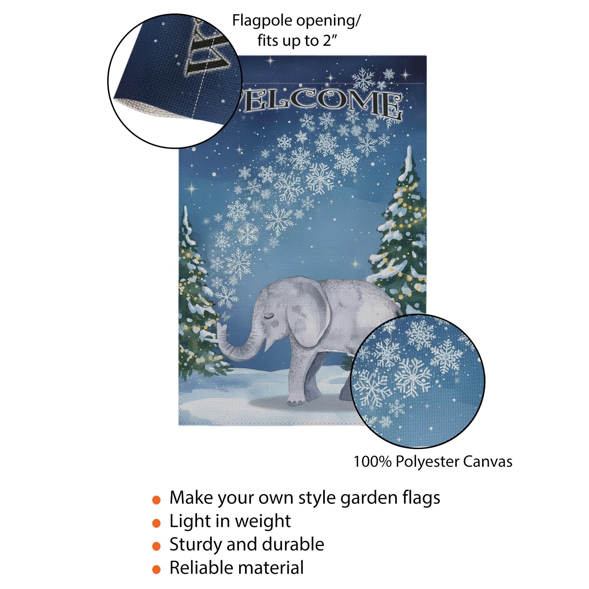 Winter Garden Flag – Welcome Outdoor Yard Banner with Elephant and Snowflake Design
